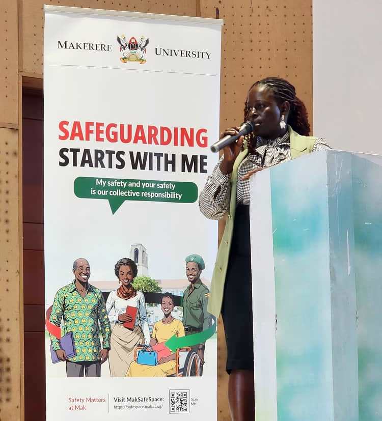 Justine Namuddu addresses colleagues. Safeguarding and Inclusion training for support staff held February 2026 in the Yusuf Lule Central Teaching Facility (CTF) Auditorium, Makerere University, Kampala Uganda, East Africa.