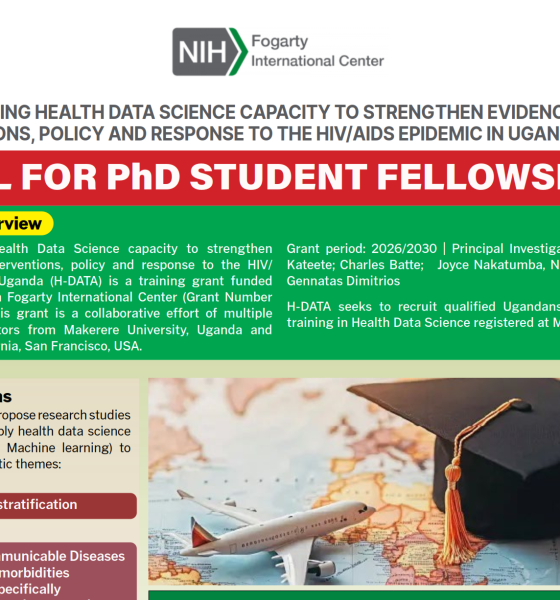 Call for PhD Student Fellowships under Harnessing Health Data Science capacity to strengthen evidence-based interventions, policy and response to the HIV/AIDS Epidemic in Uganda (H-DATA) training grant, funded by the NIH through Fogarty International Center (Grant Number D43TW013056). A collaborative effort of multiple principal investigators from Makerere University, Kampala Uganda, East Africa and University of California, San Francisco, USA.