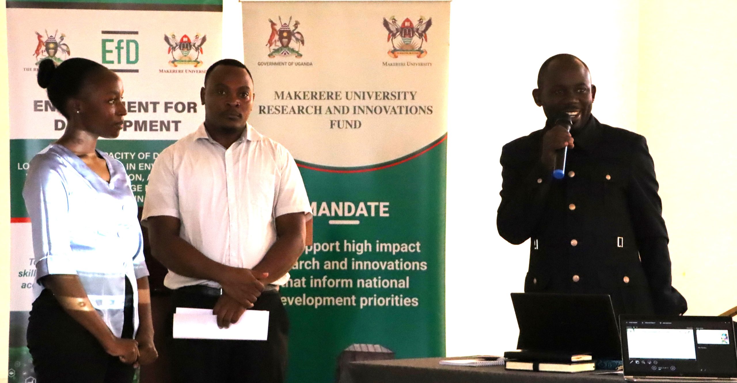 EfD Intern Apolot, Fred Kasalirwe and Peter Babyenda during the workshop. Environment for Development (EfD) Uganda, College of Business and Management Sciences (CoBAMS) capacity-building initiative to equip local government officers with practical tools to better manage natural resources amid growing environmental pressures funded by the Government of Uganda through the Makerere University Research and Innovation Fund (Mak-RIF), 26th March 2026, Soroti, Uganda, East Africa.
