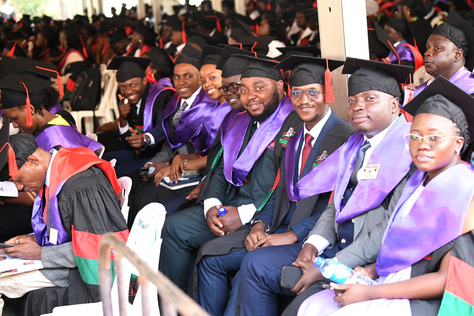 SPH and CHS Masters Graduands at the 76th Graduation Ceremony. 76th Graduation Ceremony, Day 1, College of Health Sciences and School of Public Health. Commencement Speaker-Prof. Nicholas Ozor, the Executive Director of the African Technology Policy Studies Network, Nairobi, Kenya. 24th February 2026, Freedom Square, Kampala Uganda, East Africa.