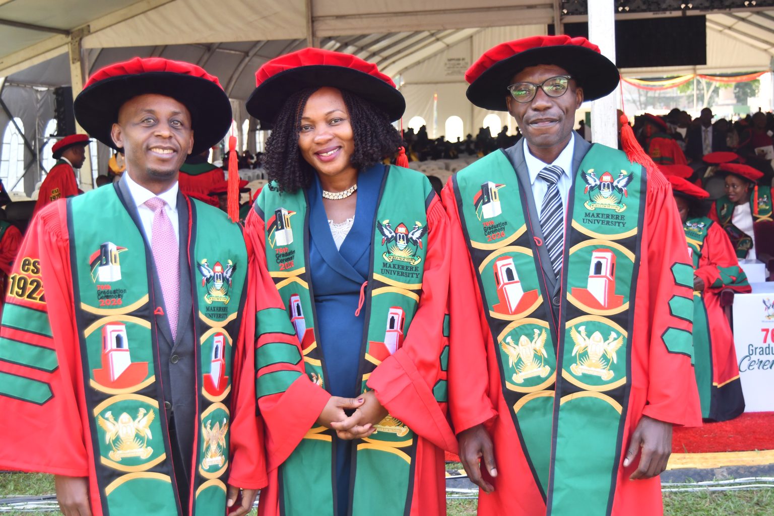 Dr. Oscar Kambona (L), Dr. Lydia Namateefu Kisekka (C), and Dr. Aimé Fidèle Ndayishimiye (R), LLD Graduands, Mak SoL. 76th Graduation Ceremony, Day 1, School of Law (SoL). Commencement Speaker-Prof. Nicholas Ozor, the Executive Director of the African Technology Policy Studies Network, Nairobi, Kenya. 24th February 202, Freedom Square, Makerere University, Kampala Uganda, East Africa.