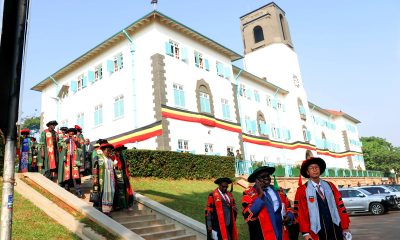 The Principal-Prof. Bruce Kirenga (3rd R), Deputy Principal-Prof. Richard Idro (2nd R) and other staff in the academic procession on 25th February 2026 against the backdrop of the Main Building. 76th Graduation Ceremony, Day 2, College of Health Sciences (CHS). Commencement Speaker-Dr. Margaret J. Kigozi, Makerere University Endowment Fund Chairperson. 25th February 2026, Freedom Square, Kampala Uganda, East Africa.