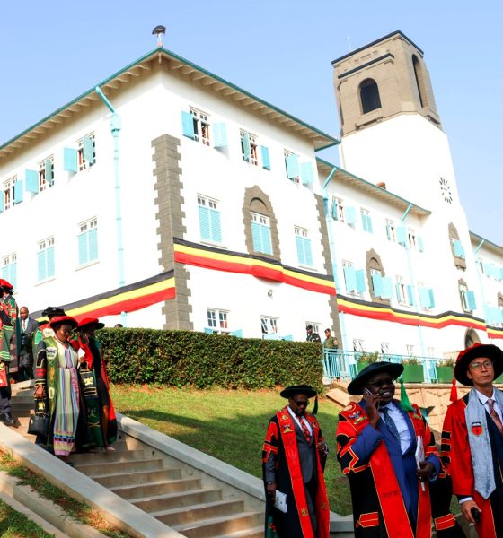 The Principal-Prof. Bruce Kirenga (3rd R), Deputy Principal-Prof. Richard Idro (2nd R) and other staff in the academic procession on 25th February 2026 against the backdrop of the Main Building. 76th Graduation Ceremony, Day 2, College of Health Sciences (CHS). Commencement Speaker-Dr. Margaret J. Kigozi, Makerere University Endowment Fund Chairperson. 25th February 2026, Freedom Square, Kampala Uganda, East Africa.