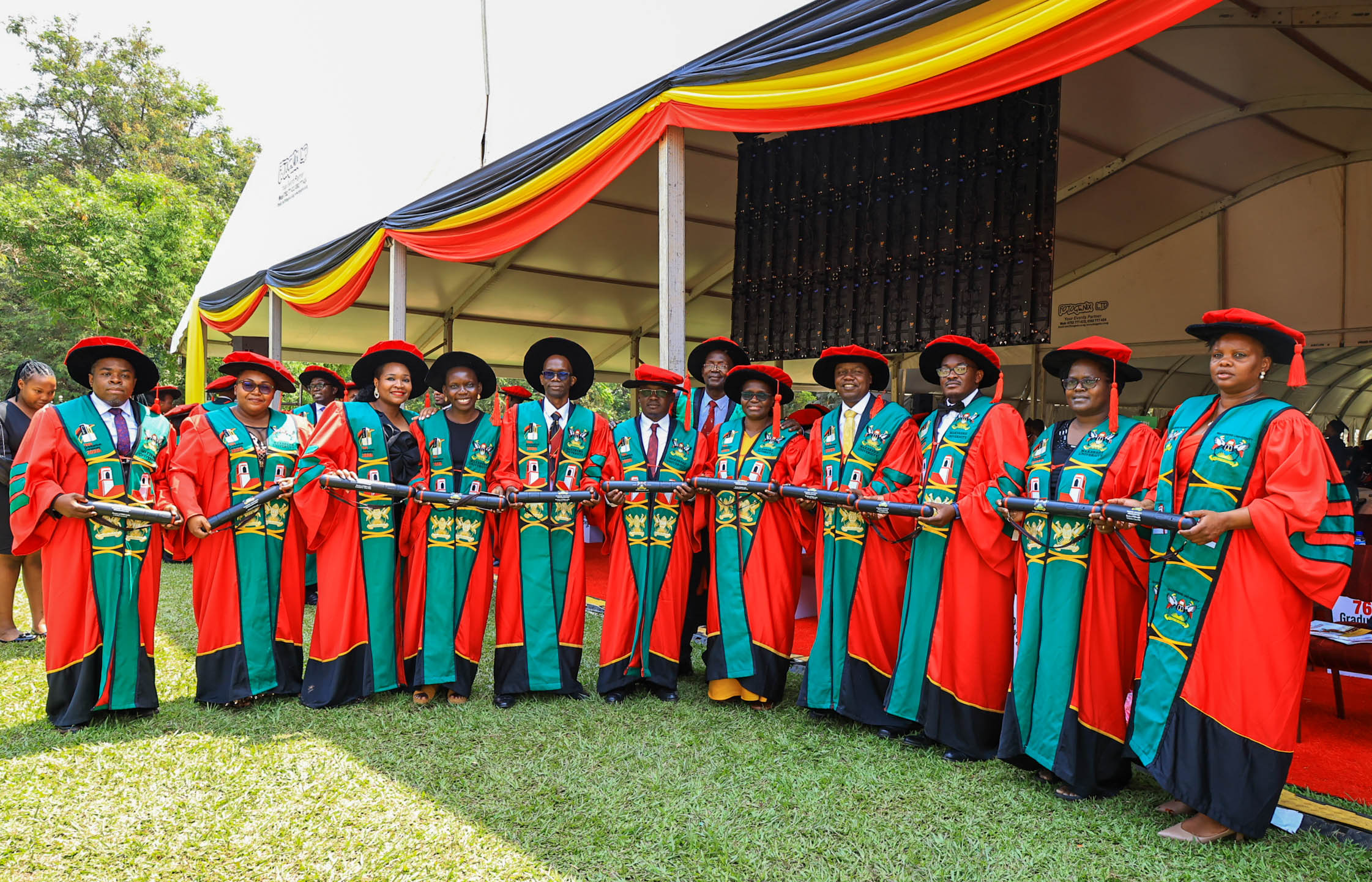 PhD Graduates from the School of Public Health and College of Health Sciences with Professor Christopher Garimoi Orach (Rear) at the 76th Graduation Ceremony. 76th Graduation Ceremony, Day 2, School of Public Health (MakSPH). Commencement Speaker-Dr. Margaret J. Kigozi, Makerere University Endowment Fund Chairperson. 25th February 2026, Freedom Square, Kampala Uganda, East Africa.