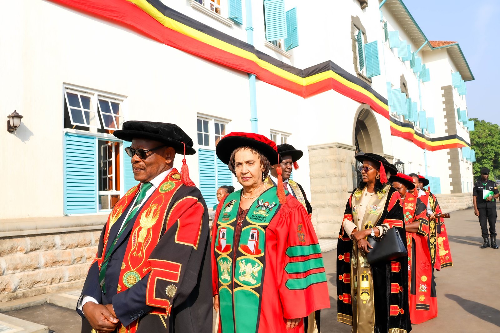 Dr. Maggie Kigozi, (C) in the Chancellor’s Procession during the Mak 76th Graduation Ceremony. 76th Graduation Ceremony, Day 2, School of Public Health (MakSPH). Commencement Speaker-Dr. Margaret J. Kigozi, Makerere University Endowment Fund Chairperson. 25th February 2026, Freedom Square, Kampala Uganda, East Africa.