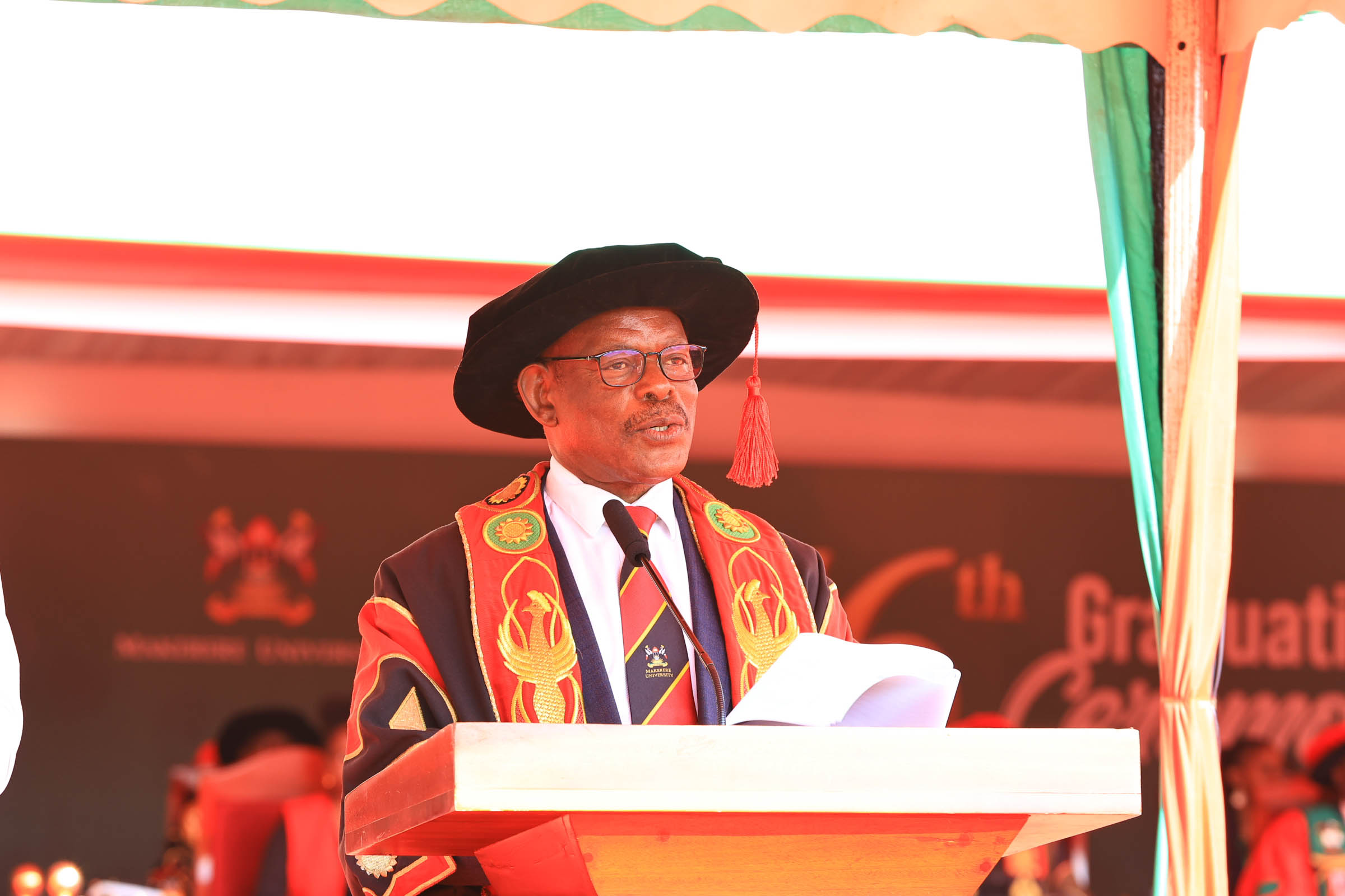 Vice Chancellor Prof. Barnabas Nawangwe speaks during the graduation ceremony. 76th Graduation Ceremony, Day 2, School of Public Health (MakSPH). Commencement Speaker-Dr. Margaret J. Kigozi, Makerere University Endowment Fund Chairperson. 25th February 2026, Freedom Square, Kampala Uganda, East Africa.