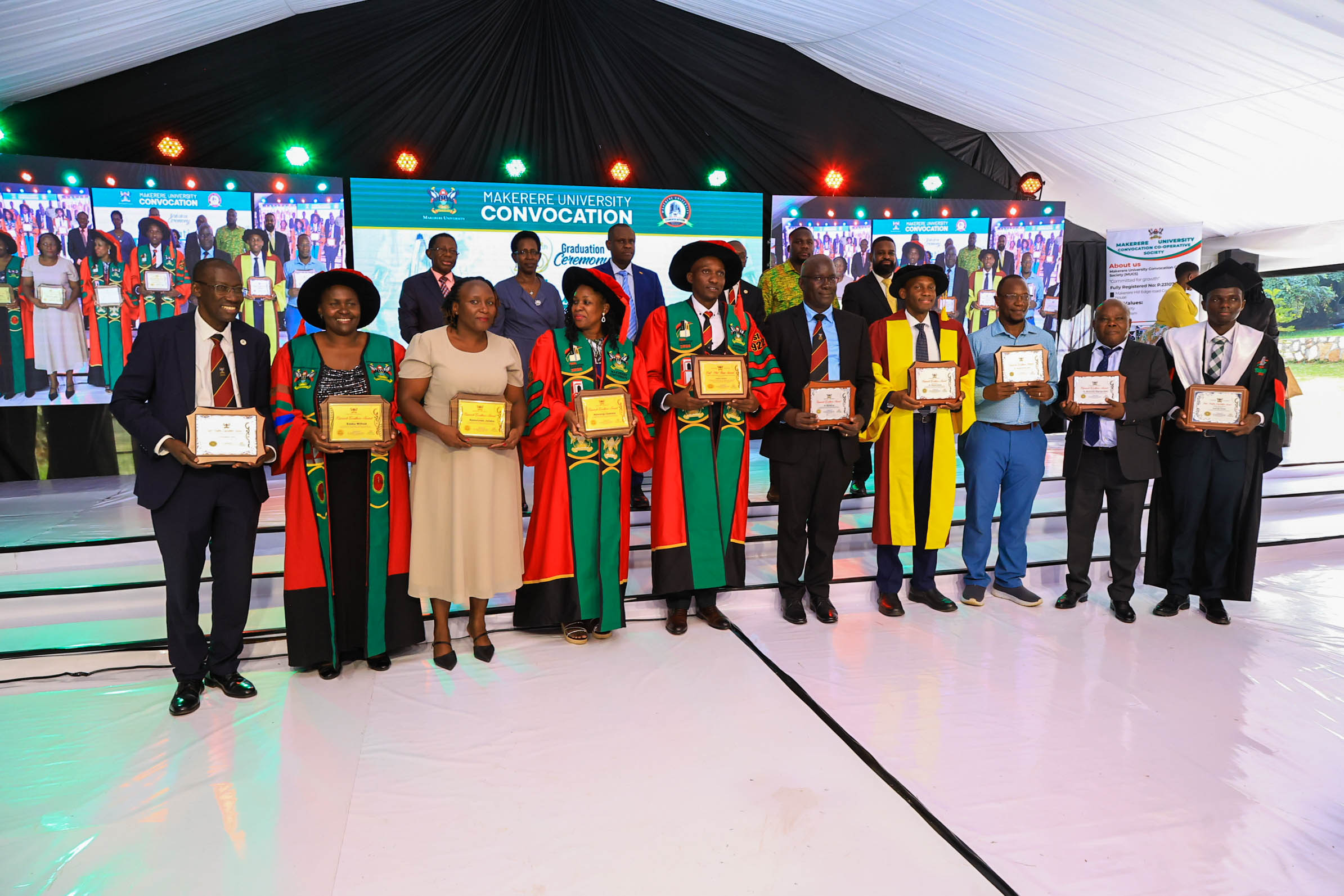 Awardees pose with their plaques at the ceremony. 76th Graduation Ceremony, Day 2, School of Public Health (MakSPH) Vice Chancellors Research Excellence Awards. 25th February 2026, Makerere University, Kampala Uganda, East Africa.