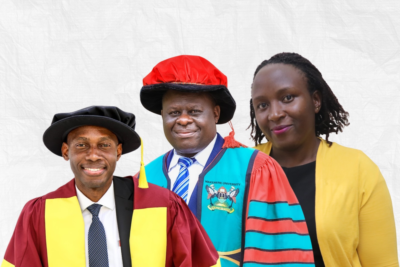 A photo collage of top researchers from the Makerere University School of Public Health L-R: Dr. David Musoke, Assoc. Prof. Peter Waiswa and Juliana Namutundu. 76th Graduation Ceremony, Day 2, School of Public Health (MakSPH) Vice Chancellors Research Excellence Awards. 25th February 2026, Makerere University, Kampala Uganda, East Africa.