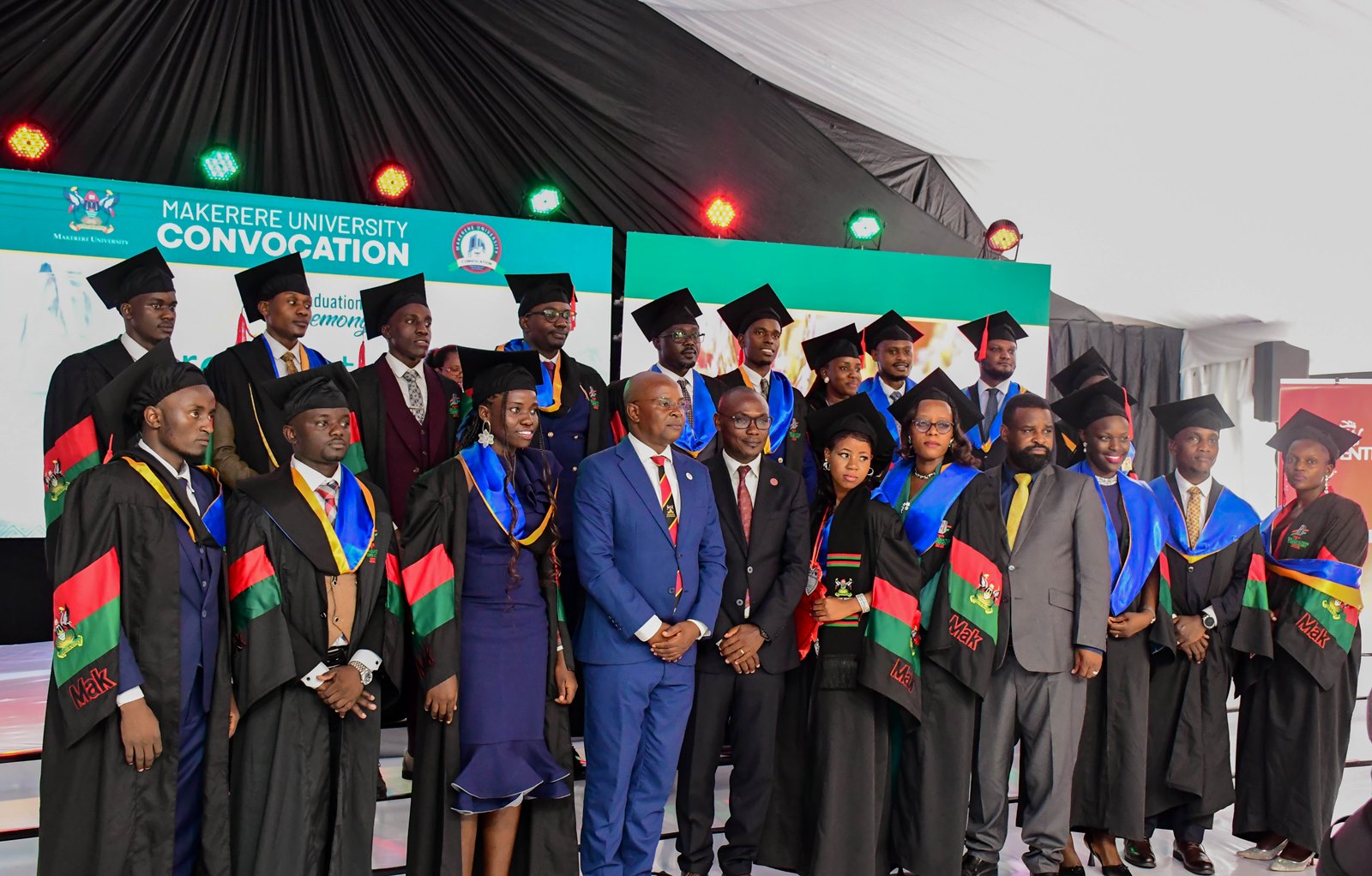 Prof. Edward Bbaale, Mr. George Turyamureeba and Prof. Robert Wamala with Graduates at the Convocation Luncheon on 26th February 2026. 76th Graduation Ceremony, Day 3, College of Business and Management Sciences (CoBAMS) Vice Chancellors Research Excellence Awards at Convocation House, Edge Road. 26th February 2026, Makerere University, Kampala Uganda, East Africa.