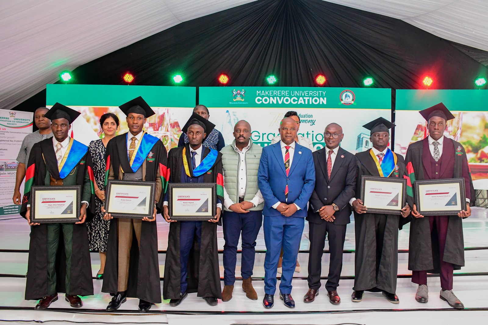 The top five Bachelor of Science in Actuarial Science graduates—Drake Kabuye, Edgar Allan Kalyango, Kuteesa Kikubira James, Tumutendereze Joseph, and Bashir Hijoma-received the PASS Awards for academic excellence, with mentorship and career support from Prudential Uganda. 76th Graduation Ceremony, Day 3, College of Business and Management Sciences (CoBAMS) Vice Chancellors Research Excellence Awards at Convocation House, Edge Road. 26th February 2026, Makerere University, Kampala Uganda, East Africa.