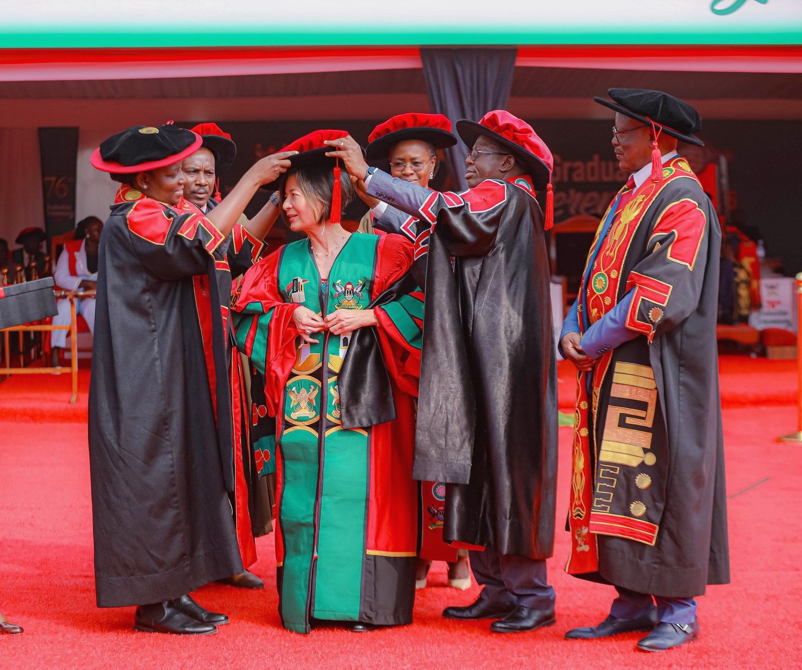 Ms. Reeta Roy being gowned during her honorary award of Doctor of Laws. Celebrating 13 years of a significant partnership with the Mastercard Foundation and honorary Doctor of Laws conferred upon Ms. Reeta Roy, the Founding President and CEO of the Mastercard Foundation, 27th February 2026, Makerere University, Kampala Uganda, East Africa.