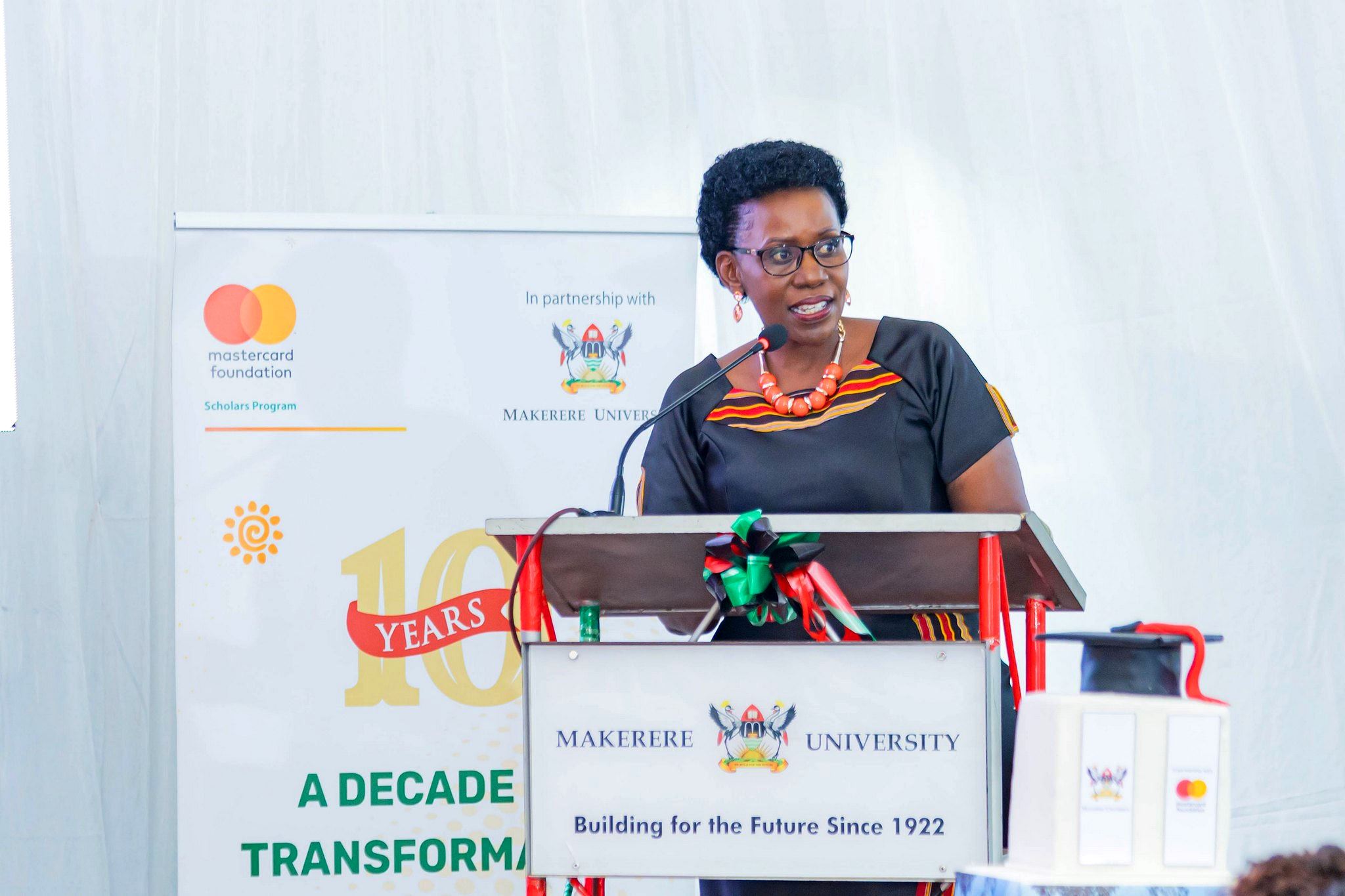 Prof. Justine Namaalwa, addressing the gathering at the event. Celebrating 13 years of a significant partnership with the Mastercard Foundation and honorary Doctor of Laws conferred upon Ms. Reeta Roy, the Founding President and CEO of the Mastercard Foundation, 27th February 2026, Makerere University, Kampala Uganda, East Africa.