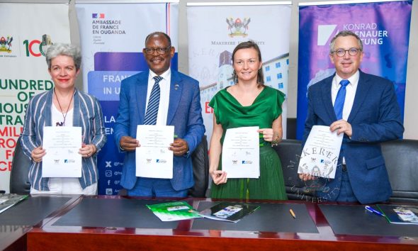 From the Left: H.E. Virginie Leroy, Prof. Barnabas Nawangwe, Ms. Anna Reismann, Mr. Loïc Boivin. Signing the MoU with the Embassy of France in Uganda, the Konrad Adenauer Foundation (KAS), and Alliance Française de Kampala to organize the 9th edition of the Kampala Geopolitics Conference (KGC), 15–16 April 2026 at Makerere University, Kampala Uganda, East Africa.