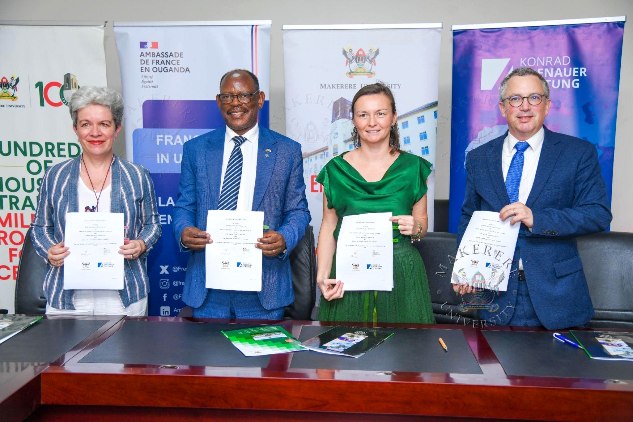 From the Left: H.E. Virginie Leroy, Prof. Barnabas Nawangwe, Ms. Anna Reismann, Mr. Loïc Boivin. Signing the MoU with the Embassy of France in Uganda, the Konrad Adenauer Foundation (KAS), and Alliance Française de Kampala to organize the 9th edition of the Kampala Geopolitics Conference (KGC), 15–16 April 2026 at Makerere University, Kampala Uganda, East Africa.