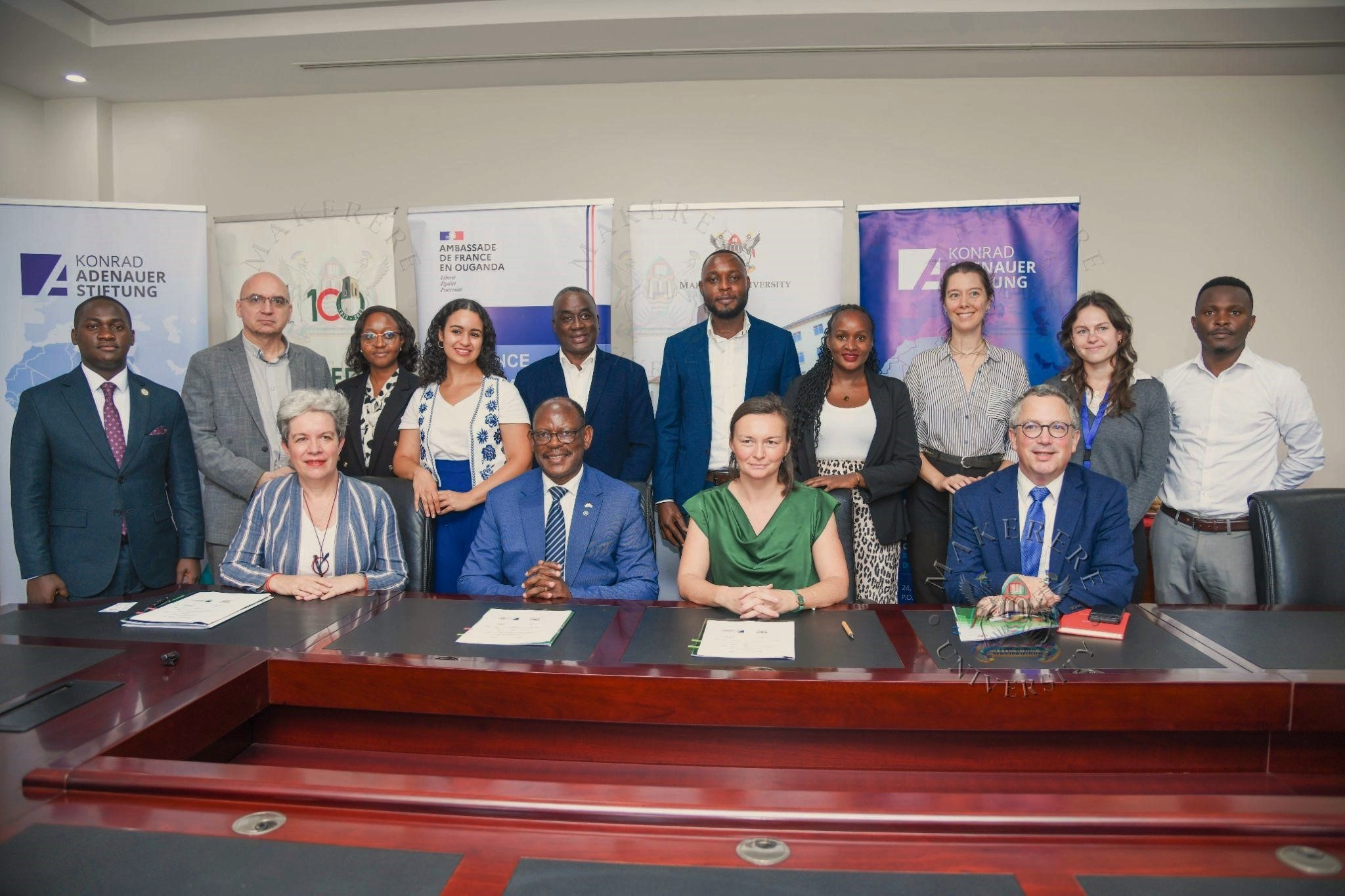 Representatives from the all participating partners of the KGC 2026 in a group photo. Signing the MoU with the Embassy of France in Uganda, the Konrad Adenauer Foundation (KAS), and Alliance Française de Kampala to organize the 9th edition of the Kampala Geopolitics Conference (KGC), 15–16 April 2026 at Makerere University, Kampala Uganda, East Africa.