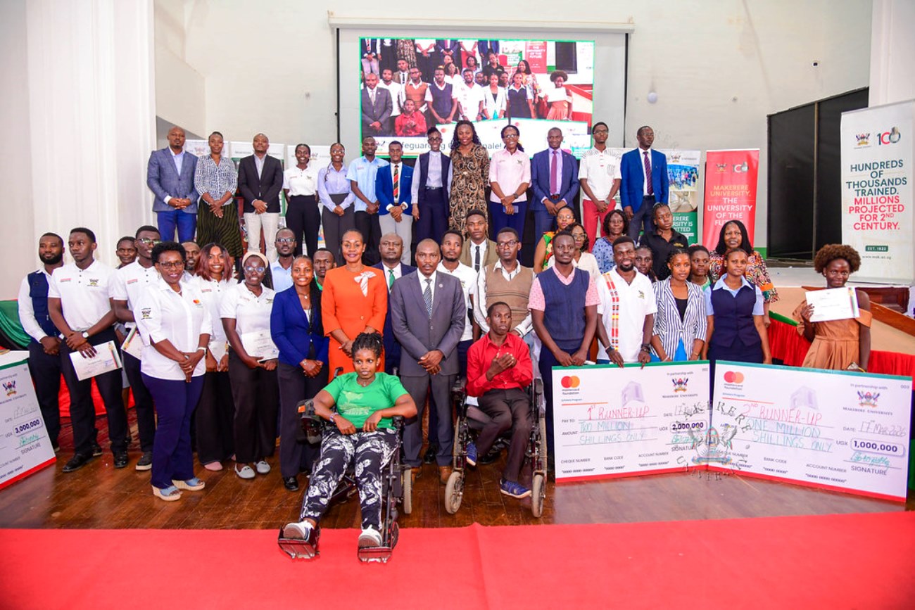 Prof. Winston Tumps Ireeta with Dr. Winifred Kabumbuli, Prof. Justine Namaalwa, other officials, contest winners and students at the Grand Finale on 17th March 2026. Annual Safeguarding Message Contest Grand Finale, 17th March 2026, Main Hall, Main Building, Makerere University, Kampala Uganda, East Africa.
