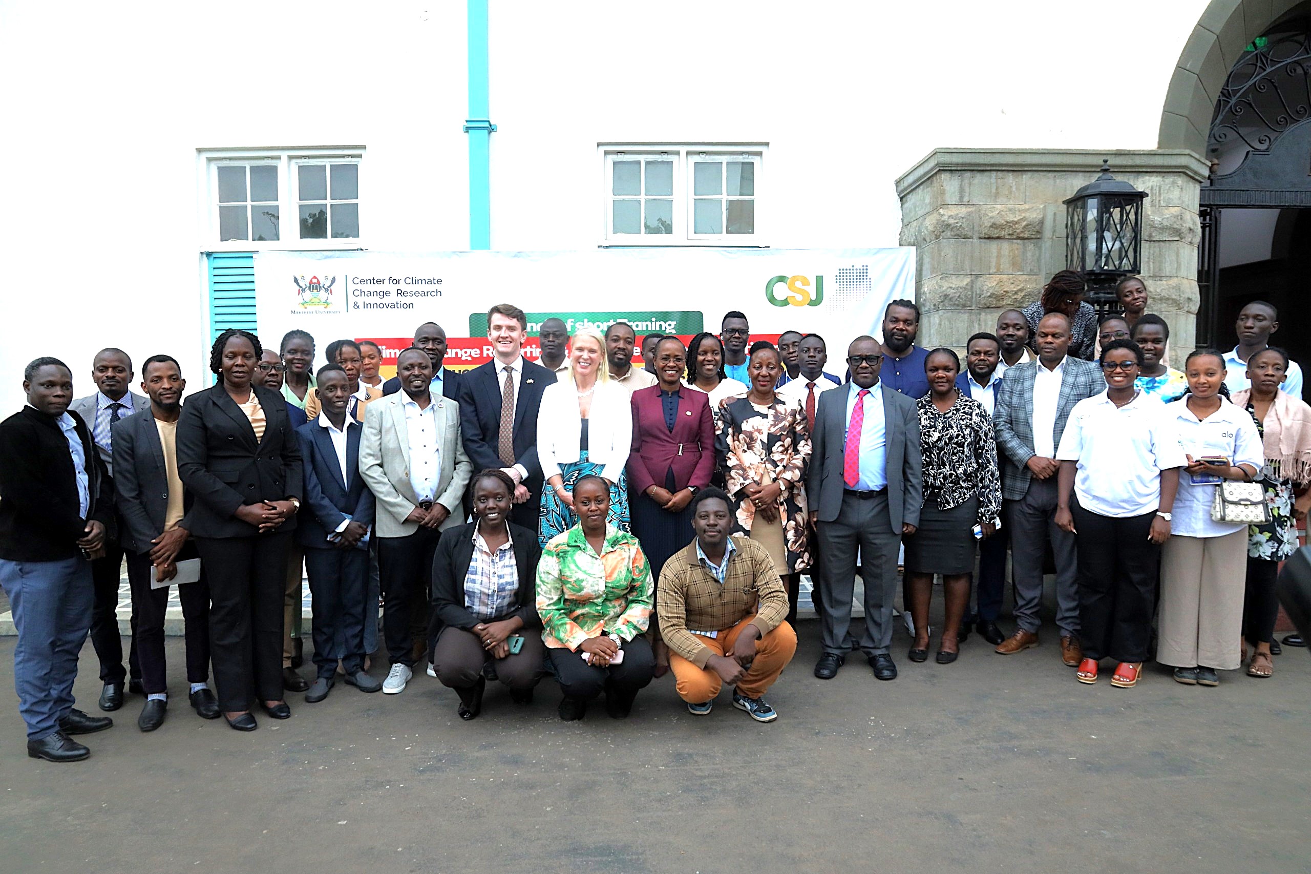 Some of the media practitioners with the British High Commissioner to Uganda Lisa Chesney; the DVCAA, Prof. Sarah Ssali; and the Principal of CAES, Prof. Gorettie Nabanoga at the launch ceremony held on 5th March 2026. Launch of specialized short training course developed by Makerere University Centre for Climate Change Research and Innovation (MUCCRI) aimed at equipping media practitioners and digital content creators with knowledge and skills to effectively report on climate change and related environmental issues by British High Commissioner to Uganda, H.E. Lisa Chesney, 5th March 2026, Senior Common Room, Main Building, Kampala Uganda, East Africa.