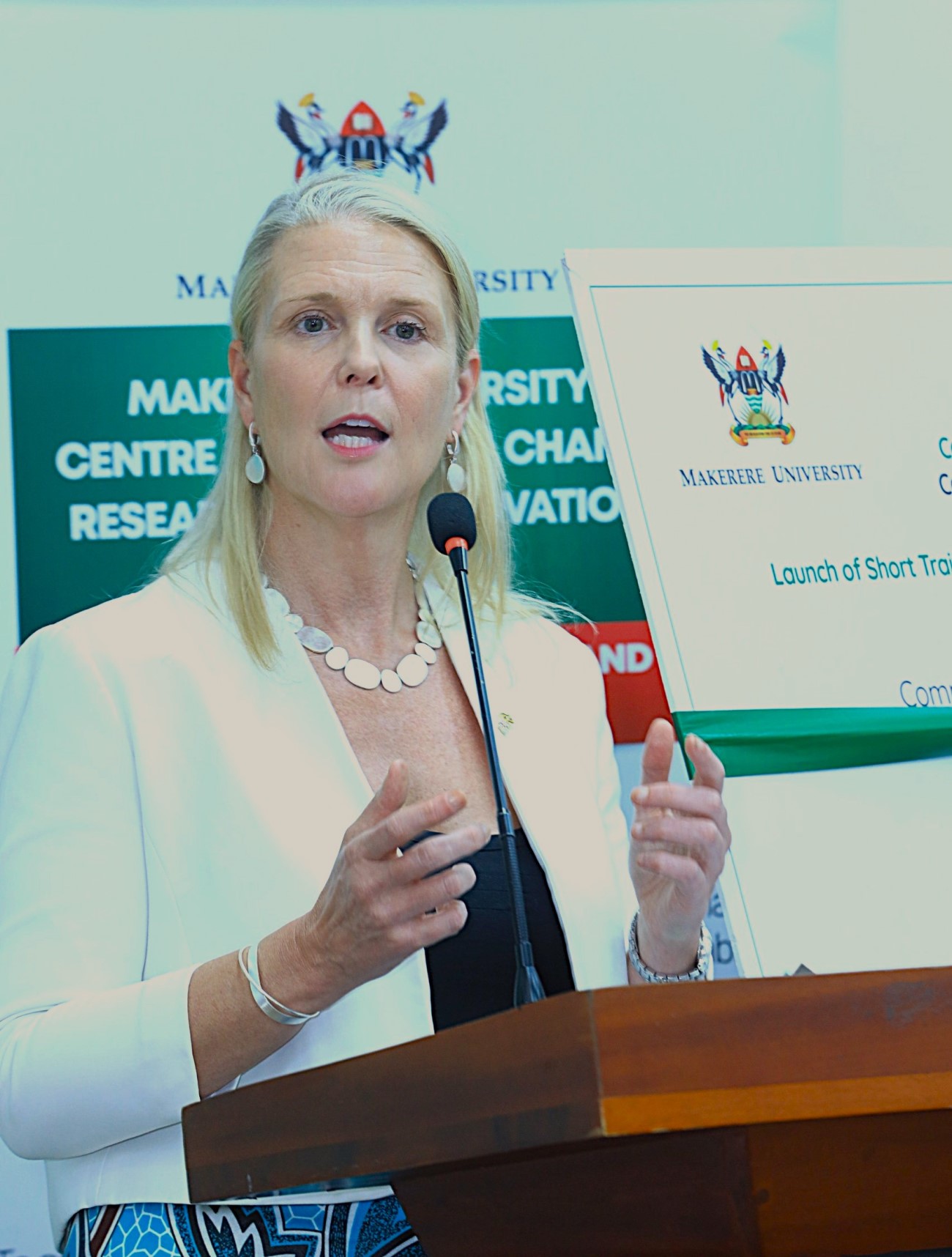 The British High Commissioner to Uganda, H.E. Lisa Chesney addressing participants at the launch ceremony. Launch of specialized short training course developed by Makerere University Centre for Climate Change Research and Innovation (MUCCRI) aimed at equipping media practitioners and digital content creators with knowledge and skills to effectively report on climate change and related environmental issues by British High Commissioner to Uganda, H.E. Lisa Chesney, 5th March 2026, Senior Common Room, Main Building, Kampala Uganda, East Africa.