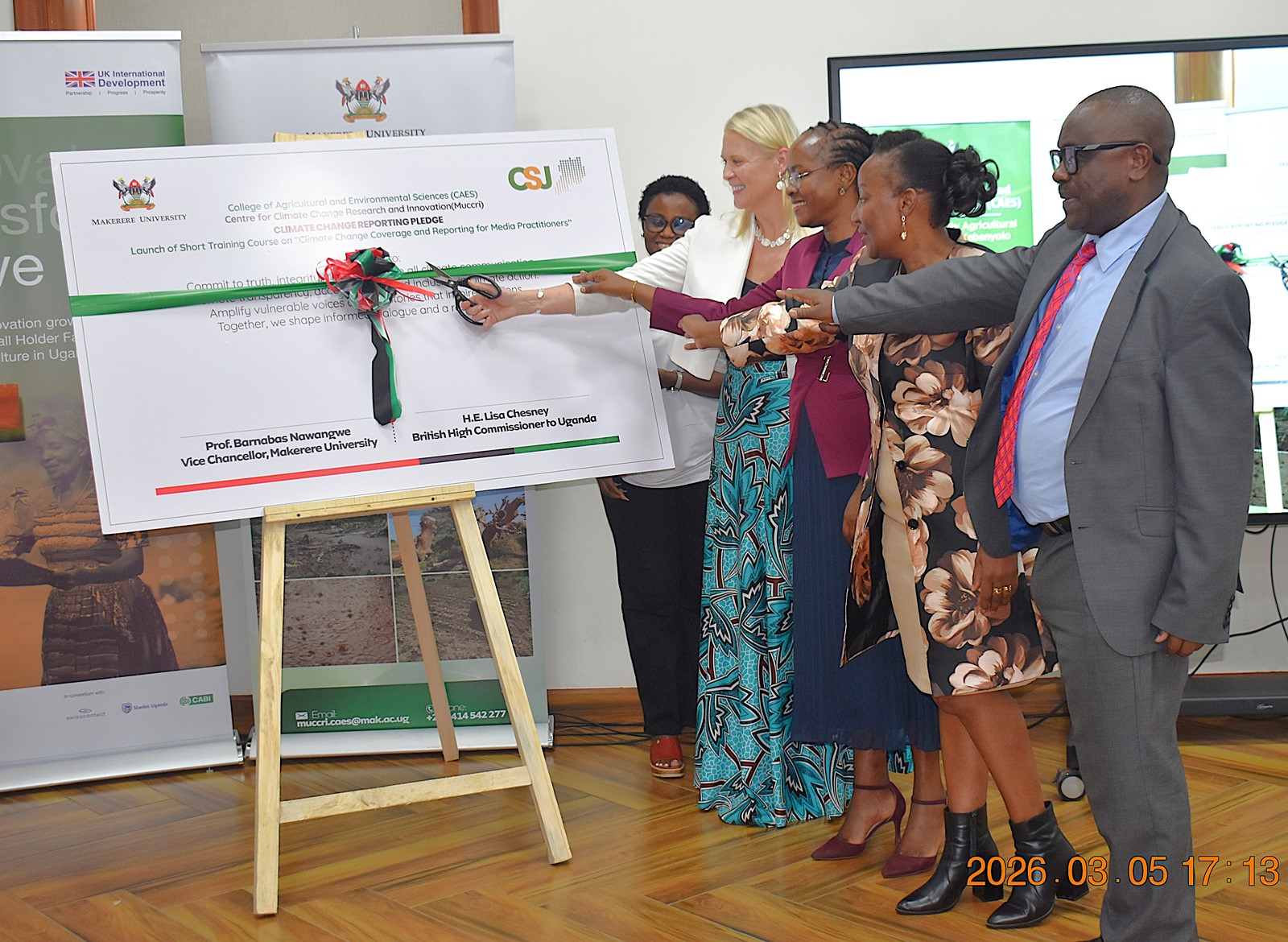 The British High Commissioner Lisa Chesney launching the climate change training course for media practitioners. Launch of specialized short training course developed by Makerere University Centre for Climate Change Research and Innovation (MUCCRI) aimed at equipping media practitioners and digital content creators with knowledge and skills to effectively report on climate change and related environmental issues by British High Commissioner to Uganda, H.E. Lisa Chesney, 5th March 2026, Senior Common Room, Main Building, Kampala Uganda, East Africa.