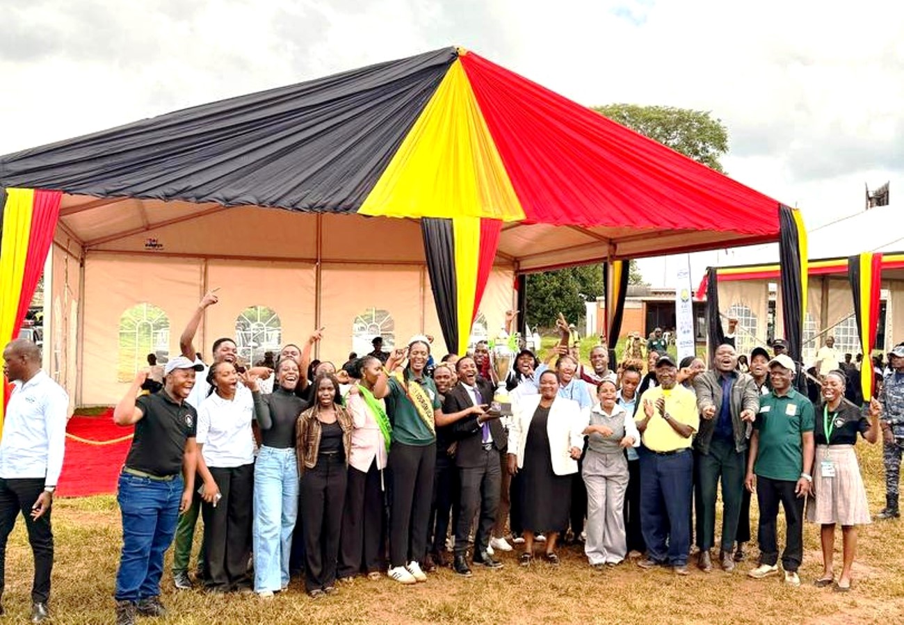 The winning team jubilates after receiving their award from the Prime Minister, the Rt. Hon. Robinah Nabbanja with Hon. Tom Butime, Hon. Martin Mugarra and other officials. Makerere University Tourism Association (MUTA) overall winners, Uganda Wildlife Authority (UWA) Tertiary Institutions Conservation Competitions held under the theme “Medicinal and Aromatic Plants: Conservation, Health, Heritage and Livelihoods”, Award Ceremony at national celebrations to mark the World Wildlife Day, 3rd March 2026, Entebbe Works Grounds, Uganda, East Africa.