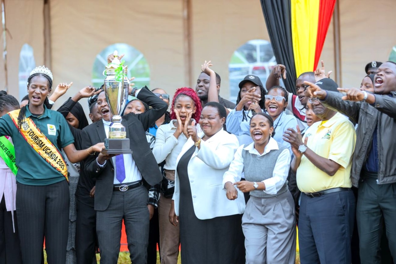 The winning team jubilates after receiving their award from the Prime Minister, the Rt. Hon. Robinah Nabbanja. Makerere University Tourism Association (MUTA) overall winners, Uganda Wildlife Authority (UWA) Tertiary Institutions Conservation Competitions held under the theme “Medicinal and Aromatic Plants: Conservation, Health, Heritage and Livelihoods”, Award Ceremony at national celebrations to mark the World Wildlife Day, 3rd March 2026, Entebbe Works Grounds, Uganda, East Africa.
