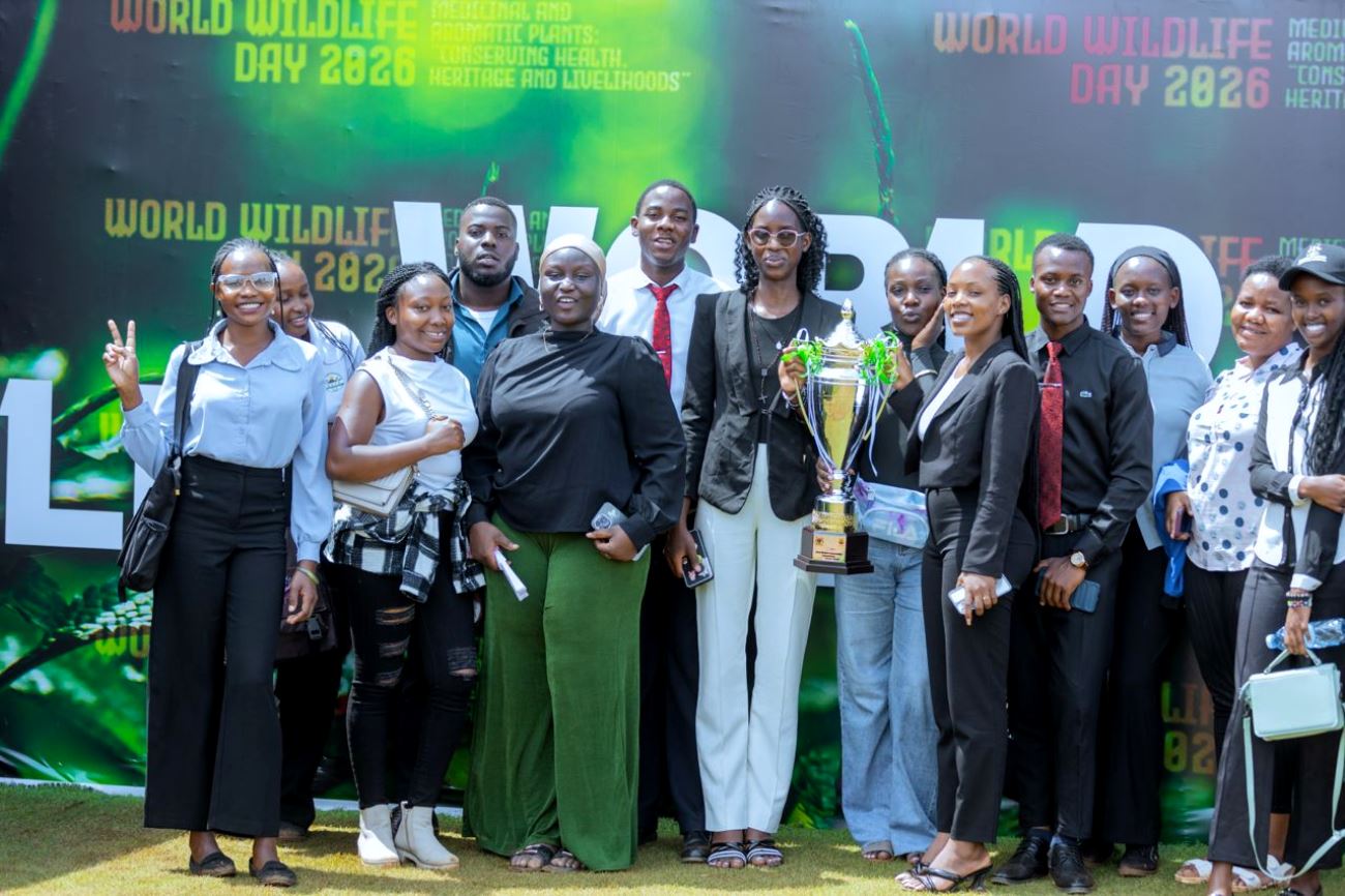Some of the members of the winning team. Makerere University Tourism Association (MUTA) overall winners, Uganda Wildlife Authority (UWA) Tertiary Institutions Conservation Competitions held under the theme “Medicinal and Aromatic Plants: Conservation, Health, Heritage and Livelihoods”, Award Ceremony at national celebrations to mark the World Wildlife Day, 3rd March 2026, Entebbe Works Grounds, Uganda, East Africa.