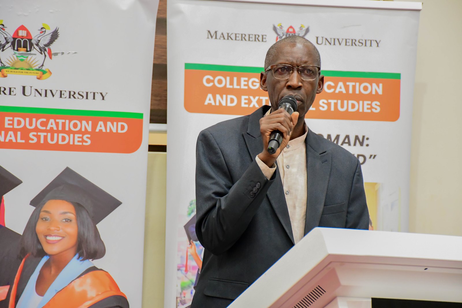 Prof. Anthony Mugagga, Principal of CEES. School Stakeholders’ Exhibition, bringing together learners, teachers, researchers, and education policymakers to demonstrate how Uganda’s Competence Based Curriculum (CBC) can be implemented through experiential learning and real-life situations, by graduate students of College of Education and External Studies (CEES) and College of Humanities and Social Sciences (CHUSS) guided by Dr. Anne Ampaire, 26th March 2026, Makerere University School of Public Health Auditorium, Kampala Uganda, East Africa.