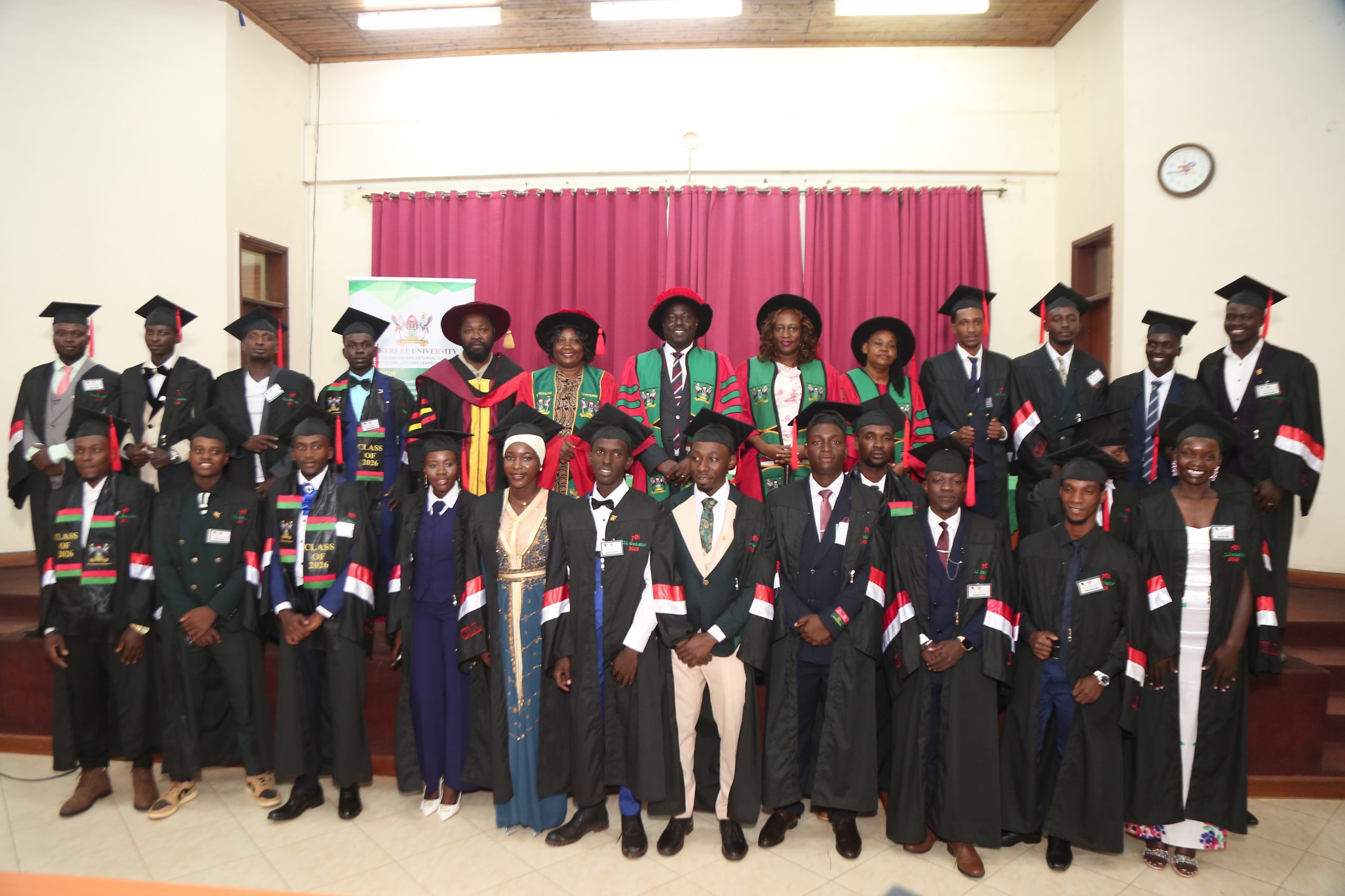 Prof. Paul Muyinda Birevu, representing the Principal of CEES, Prof. Anthony Muwagga Mugagga, stands with Diploma graduates and university administrators. 200 students examined by the Uganda Vocational and Technical Assessment Board (UVTAB) awarded National Diplomas and Certificates during the 7th graduation ceremony on 28th February 2026 organized by the Centre for Lifelong Learning (CLL) under the College of Education and External Studies (CEES). Ceremony held in the Conference Hall, College of Engineering, Design, Art and Technology (CEDAT), at Makerere University, Kampala Uganda, East Africa.