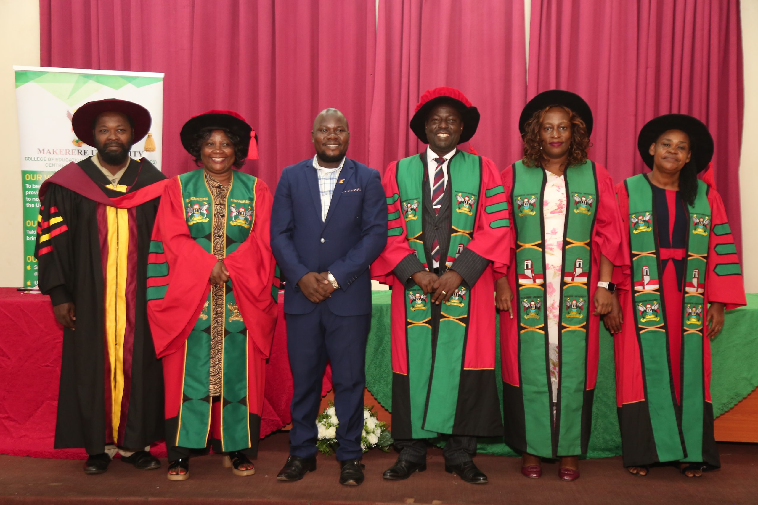 LEADERSHIP IN EDUCATION: Also in attendance were 1st-Left: Dr. Oscar Mugula-National Coordinator, Centre for Lifelong Learning, 2nd-Left: Dr. Harriet Nabushawo-Dean, School of Distance and Lifelong Learning, 4th-Left: Prof. Paul Muyinda Birevu, the Director of the Institute of Open, Distance and e-Learning, 5th-Left: Dr. Marjorie Batiibwe-Head, Department of Science, Technical and Vocational Education, 5th-Left: Dr. Rose Atugonza-former Coordinator of the Centre. 200 students examined by the Uganda Vocational and Technical Assessment Board (UVTAB) awarded National Diplomas and Certificates during the 7th graduation ceremony on 28th February 2026 organized by the Centre for Lifelong Learning (CLL) under the College of Education and External Studies (CEES). Ceremony held in the Conference Hall, College of Engineering, Design, Art and Technology (CEDAT), at Makerere University, Kampala Uganda, East Africa.