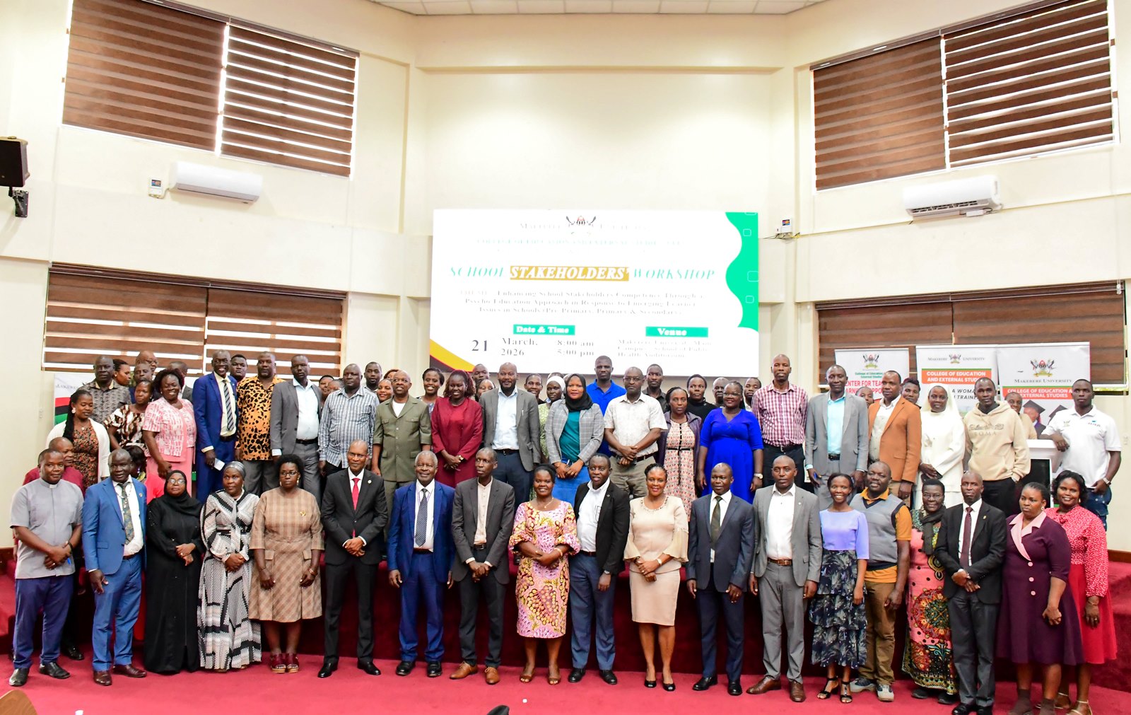 The Principal, CEES, Prof. Anthony Mugagga, the Keynote Speaker-Prof. Rev. Dr. Samuel Luboga, facilitators and participants pose for a commemorative photo during the School Stakeholders' Workshop. School Stakeholders’ Workshop aimed at strengthening capacity at pre-primary, primary and secondary levels to address students’ mental health and psychosocial challenges hosted by the Centre for Teaching and Learning Support (CTLS), College of Education and External Studies (CEES), 21st March 2026, MakSPH Auditorium, Makerere University, Kampala Uganda, East Africa.