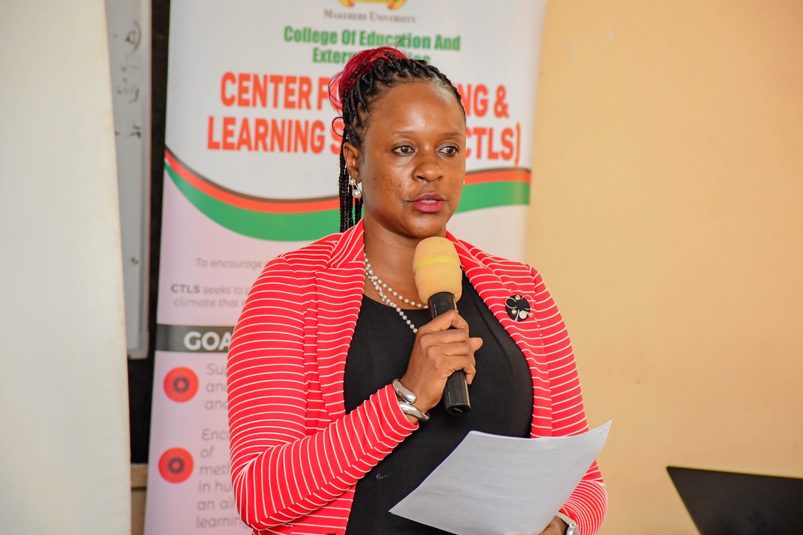 Dr. Dorothy Ssebowa Kyagaba, Director – Centre for Teaching and Learning Support (CTLS) delivering the opening remarks during the workshop. Center for Teaching and Learning Support, College of Education and External Studies (CEES), Kiswahili Primary School Orientation Workshop, aimed at strengthening skills in content and delivery, enhancing assessment competencies, and improving the understanding of the Kiswahili curriculum, 14th March 2026, Makerere University, Kampala Uganda, East Africa.
