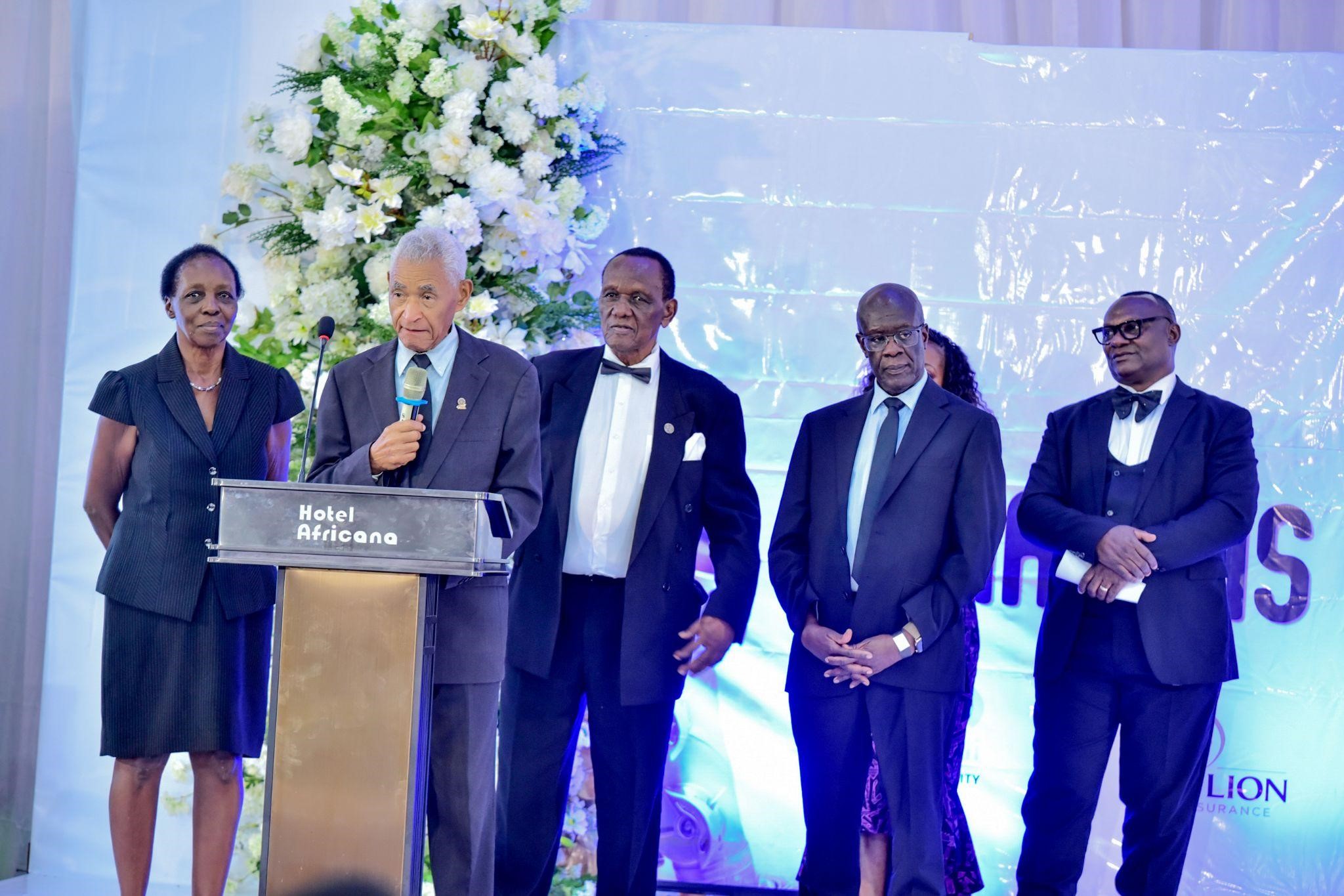 L-R: Prof. Harriet Mayanja-Kizza, Prof. George Paul D’Arbella, Prof. George Kirya, Prof. Nelson Sewankambo, Mr. Abbey Mukiibi. Makerere University College of Health Sciences celebrates 100 years of training health professionals, 6th March 2026, Nile Hall, Hotel Africana, Kampala Uganda, East Africa.