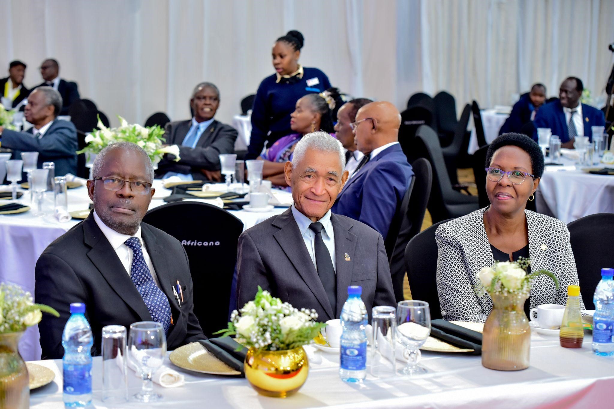 L-R: Rev. Prof. Dr. Samuel Luboga, Prof. George Paul D’Arbella, Dr. Byanyima Rosemary. Makerere University College of Health Sciences celebrates 100 years of training health professionals, 6th March 2026, Nile Hall, Hotel Africana, Kampala Uganda, East Africa.