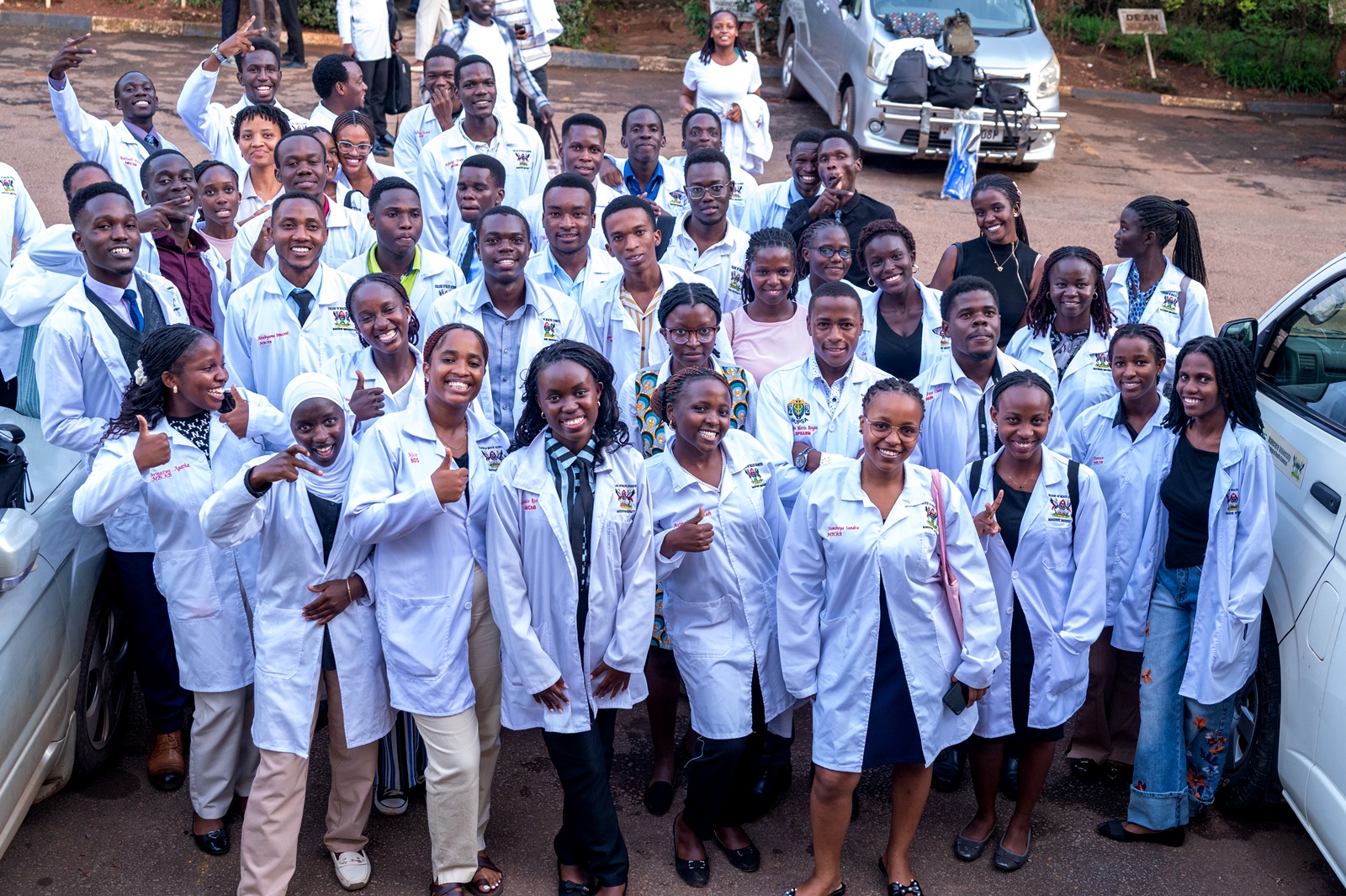 Some of the Medical Students that attended the White Coat Ceremony pose for the camera. White Coat Ceremony for Medical students, 12th March 2026, College of Health Sciences, Mulago Campus, Makerere University, Kampala Uganda, East Africa.