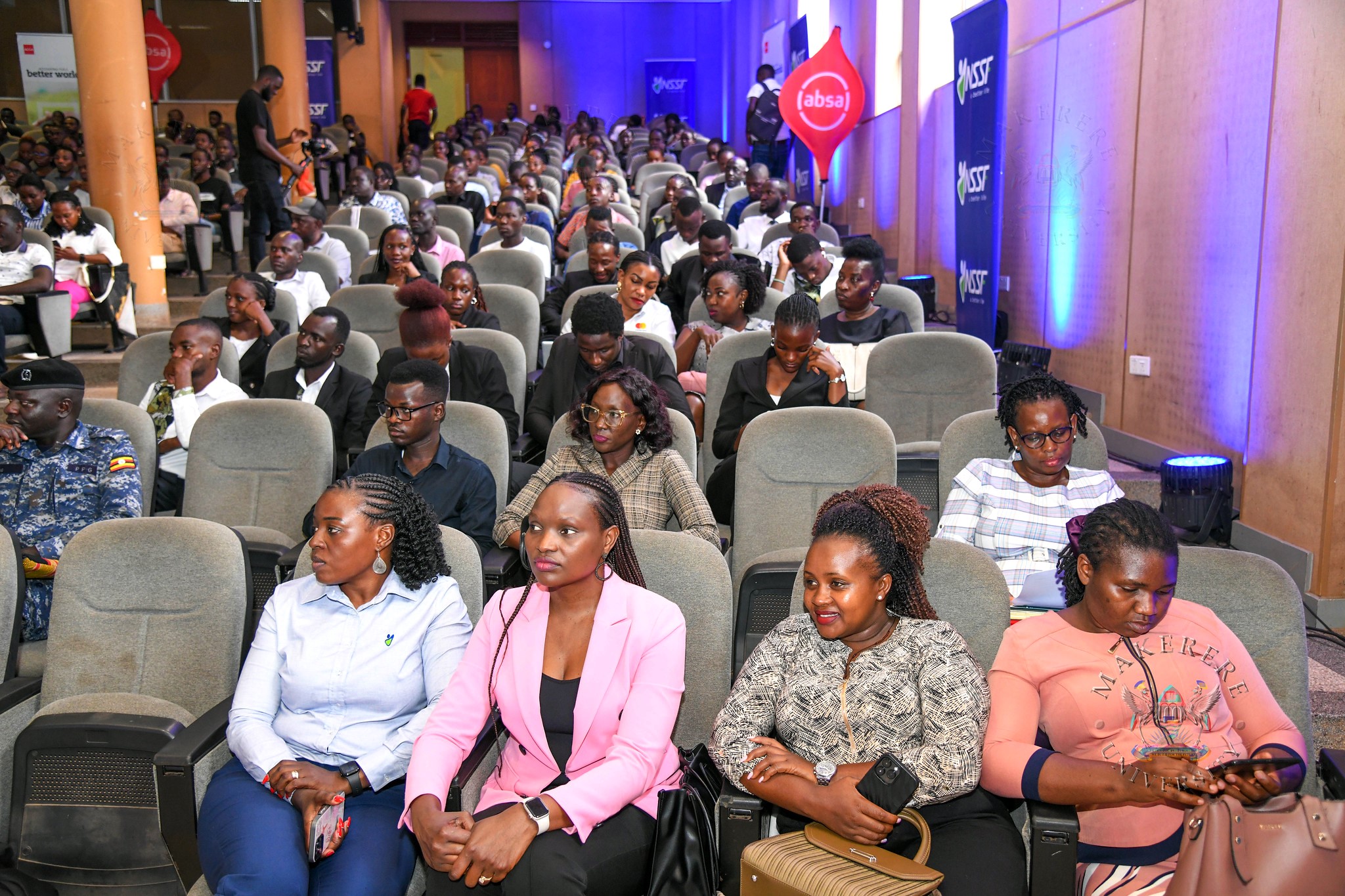 A section of the audience. Three-day Careers Fair 2026, bringing together students, industry leaders, and policymakers to discuss the future of work in the era of Artificial Intelligence (AI), Day 1 held under the theme “Machine vs. Man” and sponsored by the National Social Security Fund (NSSF), 11th March 2026, Yusuf Lule Central Teaching Facility Auditorium, Makerere University, Kampala Uganda, East Africa.