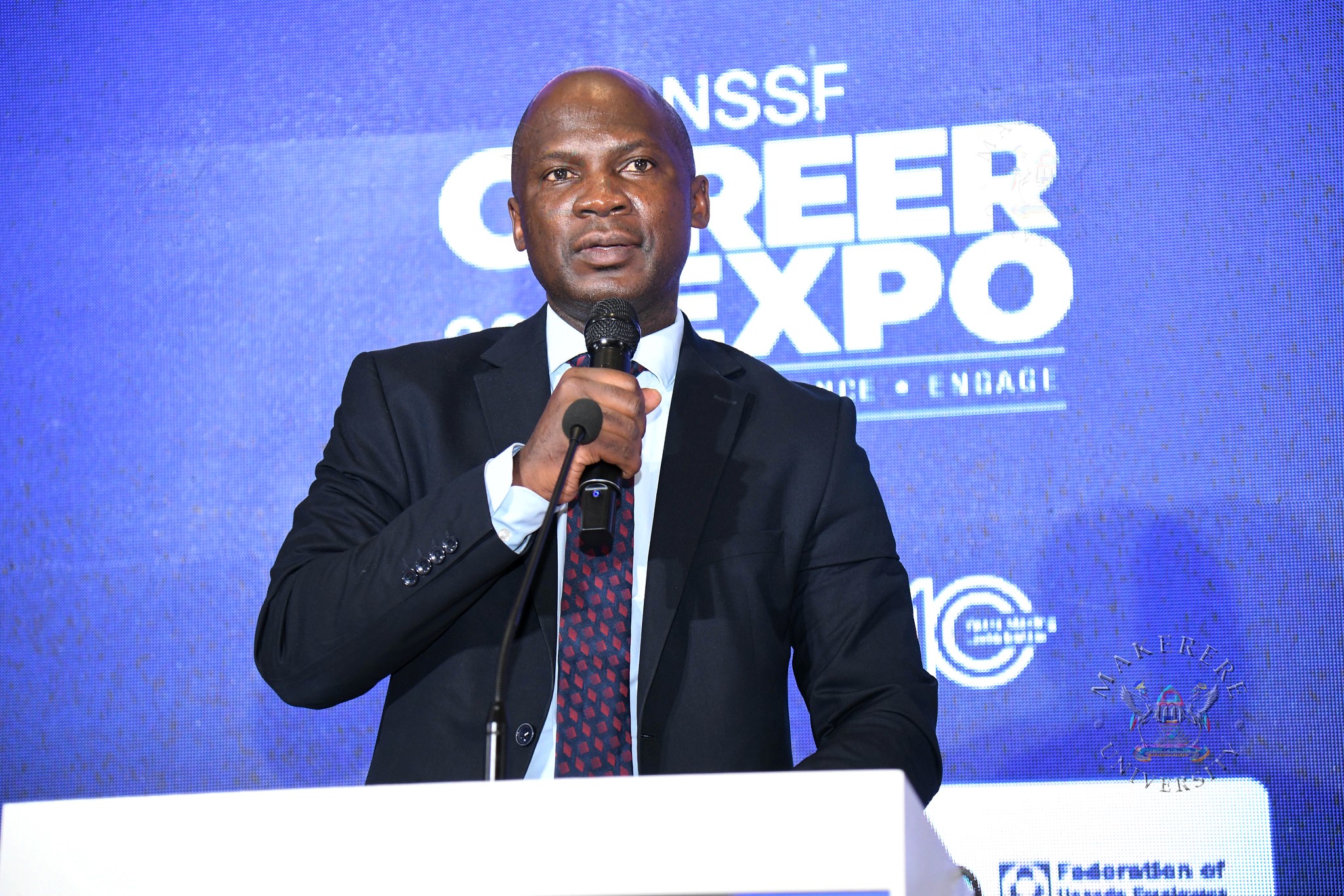 Gerald Paul Kasato. Three-day Careers Fair 2026, bringing together students, industry leaders, and policymakers to discuss the future of work in the era of Artificial Intelligence (AI), Day 1 held under the theme “Machine vs. Man” and sponsored by the National Social Security Fund (NSSF), 11th March 2026, Yusuf Lule Central Teaching Facility Auditorium, Makerere University, Kampala Uganda, East Africa.
