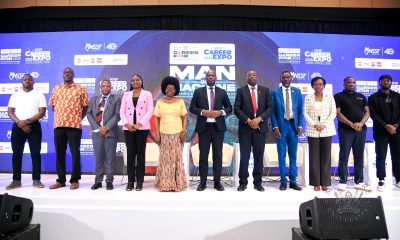 Chief Guest-Hon. Dr. Monica Musenero (5th L) with Prof. Moses Musinguzi (3rd L), Chair Organising Committee-Prof. Anthony Gidudu and other Speakers on Day 1 of the Makerere Careers Fair. Three-day Careers Fair 2026, bringing together students, industry leaders, and policymakers to discuss the future of work in the era of Artificial Intelligence (AI), Day 1 held under the theme “Machine vs. Man” and sponsored by the National Social Security Fund (NSSF), 11th March 2026, Yusuf Lule Central Teaching Facility Auditorium, Makerere University, Kampala Uganda, East Africa.