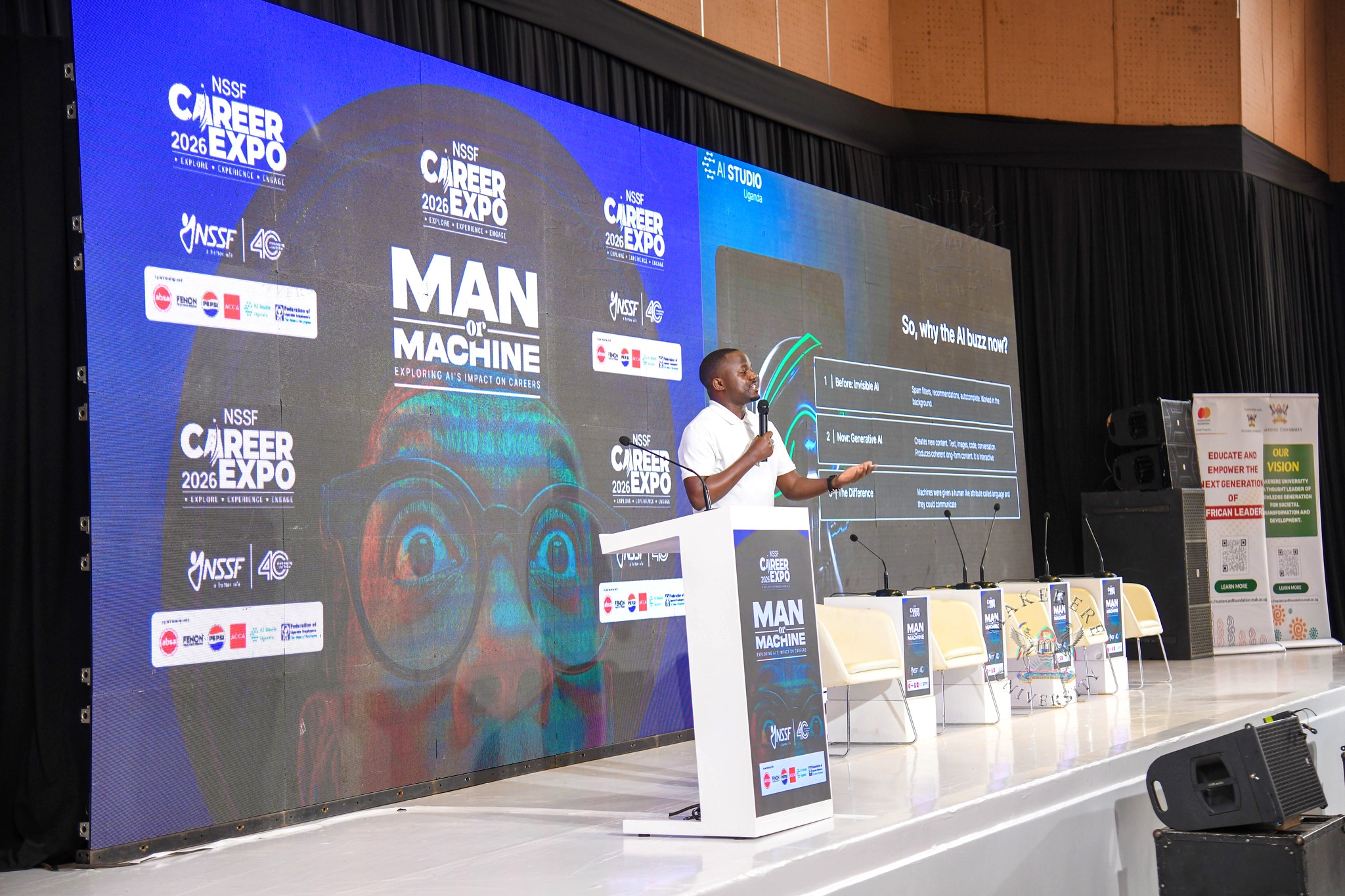 Lameck Kavuma. Three-day Careers Fair 2026, bringing together students, industry leaders, and policymakers to discuss the future of work in the era of Artificial Intelligence (AI), Day 1 held under the theme “Machine vs. Man” and sponsored by the National Social Security Fund (NSSF), 11th March 2026, Yusuf Lule Central Teaching Facility Auditorium, Makerere University, Kampala Uganda, East Africa.