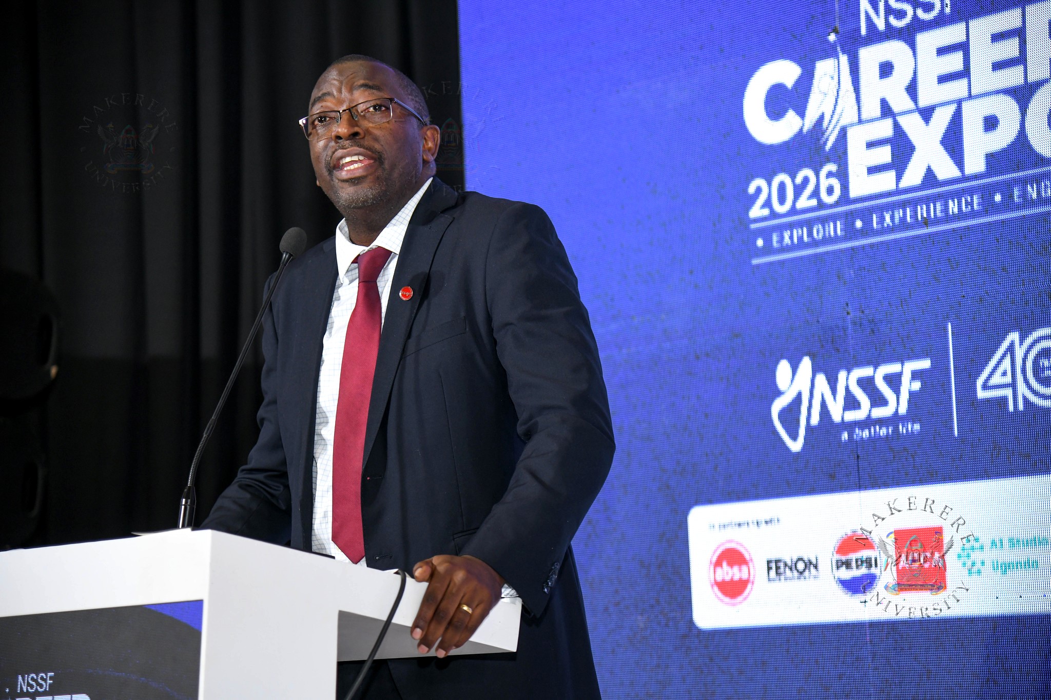 Michael Ssegwaya. Three-day Careers Fair 2026, bringing together students, industry leaders, and policymakers to discuss the future of work in the era of Artificial Intelligence (AI), Day 1 held under the theme “Machine vs. Man” and sponsored by the National Social Security Fund (NSSF), 11th March 2026, Yusuf Lule Central Teaching Facility Auditorium, Makerere University, Kampala Uganda, East Africa.