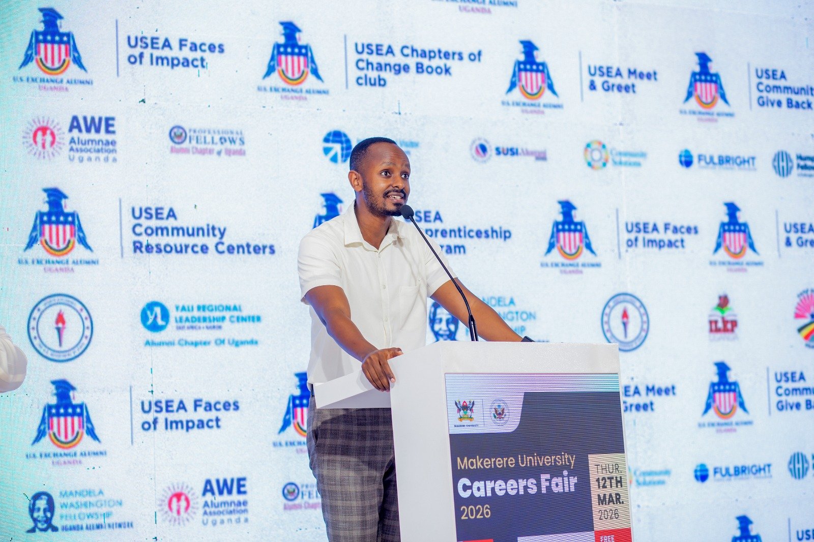 Mr. Ezra On’rel Nuwenyine. Three-day Careers Fair 2026, bringing together students, industry leaders, and policymakers to discuss the future of work in the era of Artificial Intelligence (AI), Day 2 held under the theme “Scholarship and fellowship opportunities for students and graduates in the United States (US)”, 12th March 2026, Yusuf Lule Central Teaching Facility Auditorium, Makerere University, Kampala Uganda, East Africa.