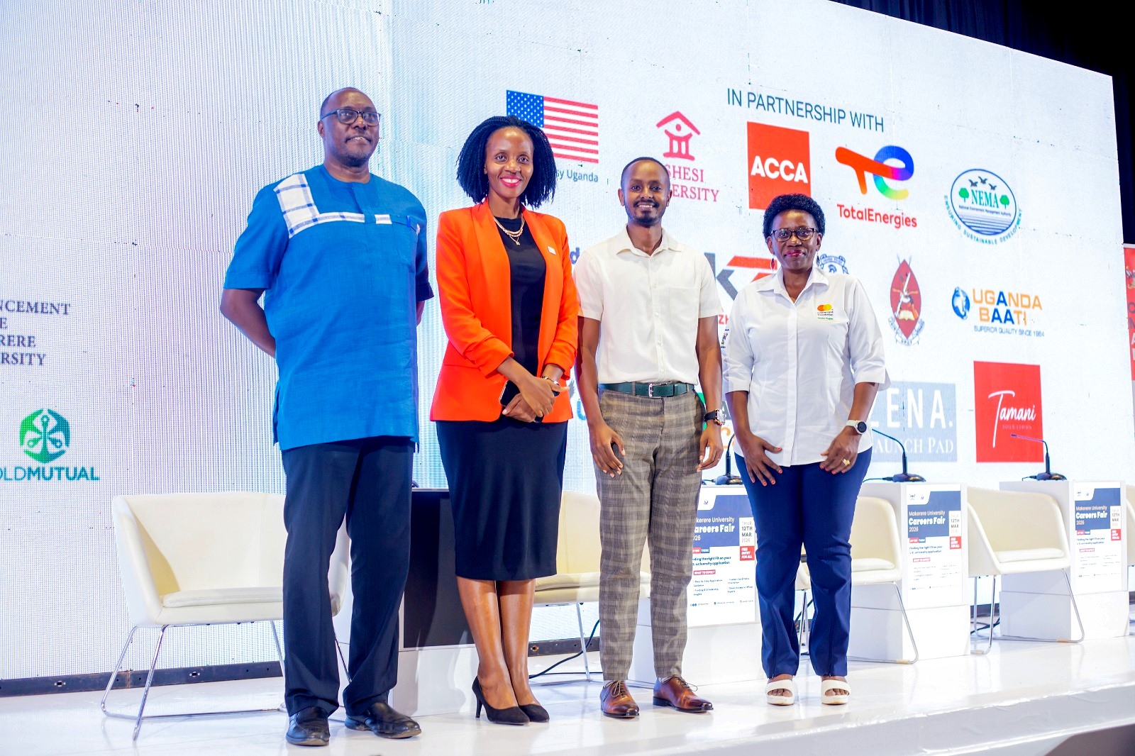 Some of the Panelists on Day 2 from Left to Right: Prof. Anthony Gidudu, Ms. Blessing Owomugisha Immaculate, Mr. Ezra On’rel Nuwenyine and Prof. Justine Namaalwa Jjumba. Three-day Careers Fair 2026, bringing together students, industry leaders, and policymakers to discuss the future of work in the era of Artificial Intelligence (AI), Day 2 held under the theme “Scholarship and fellowship opportunities for students and graduates in the United States (US)”, 12th March 2026, Yusuf Lule Central Teaching Facility Auditorium, Makerere University, Kampala Uganda, East Africa.
