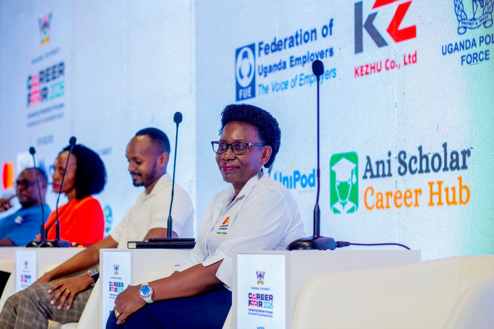 Prof. Justine Namaalwa Jjumba (R). Three-day Careers Fair 2026, bringing together students, industry leaders, and policymakers to discuss the future of work in the era of Artificial Intelligence (AI), Day 2 held under the theme “Scholarship and fellowship opportunities for students and graduates in the United States (US)”, 12th March 2026, Yusuf Lule Central Teaching Facility Auditorium, Makerere University, Kampala Uganda, East Africa.