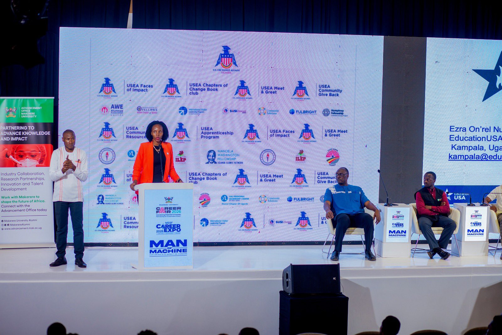 The Makerere Careers Fair was inclusive: Ms. Blessing Owomugisha Immaculate flanked by a sign language interpreter. Three-day Careers Fair 2026, bringing together students, industry leaders, and policymakers to discuss the future of work in the era of Artificial Intelligence (AI), Day 2 held under the theme “Scholarship and fellowship opportunities for students and graduates in the United States (US)”, 12th March 2026, Yusuf Lule Central Teaching Facility Auditorium, Makerere University, Kampala Uganda, East Africa.