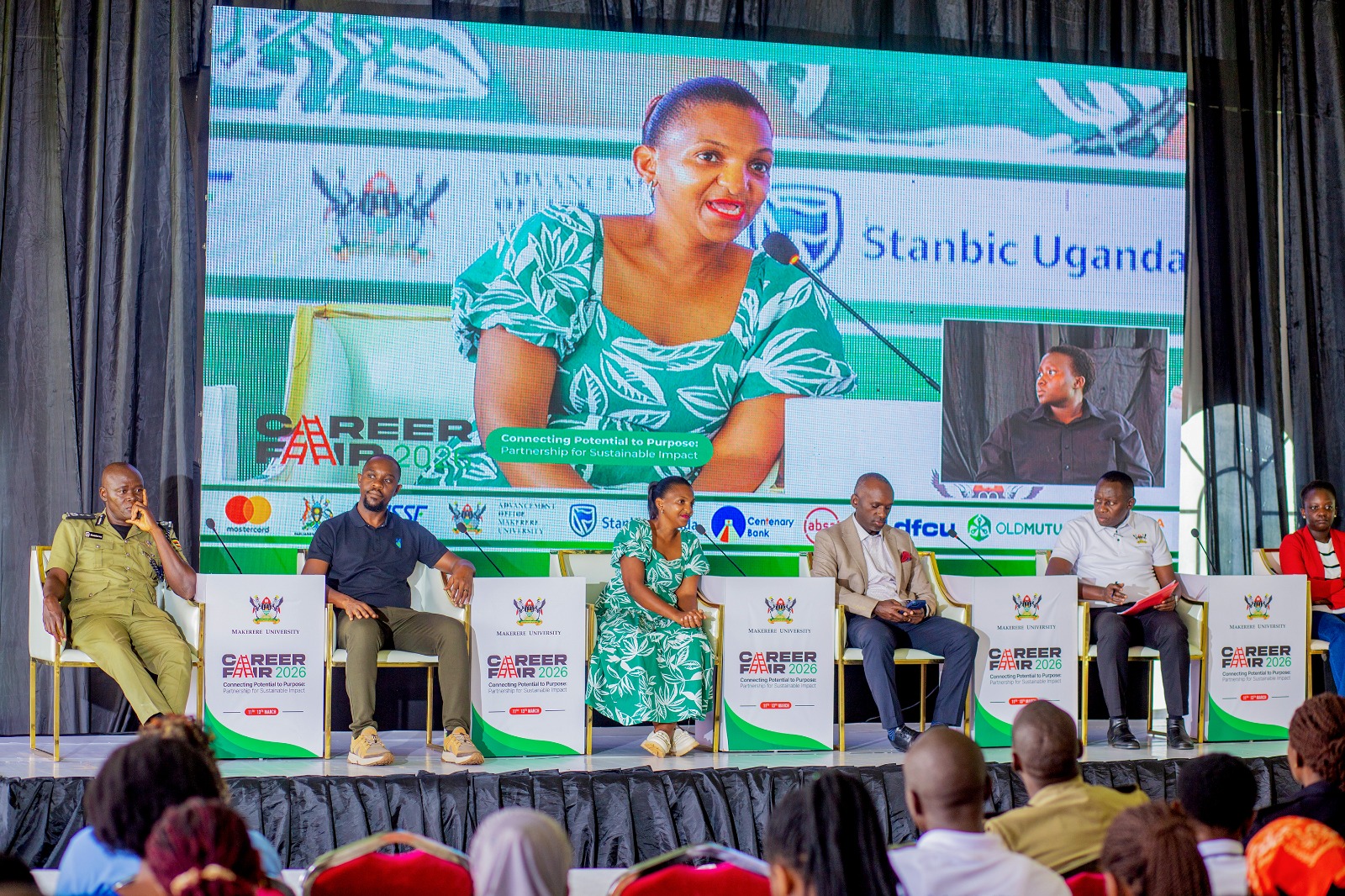 Gorretti Byomire contributes to the panel discussion. Three-day Careers Fair 2026, bringing together students, industry leaders, and policymakers to discuss the future of work in the era of Artificial Intelligence (AI), Day 3, Grand Finale, held under the theme “Connecting Potential to Purpose: Partnerships for Sustainable Impact”, 13th March 2026, Freedom Square, Makerere University, Kampala Uganda, East Africa.