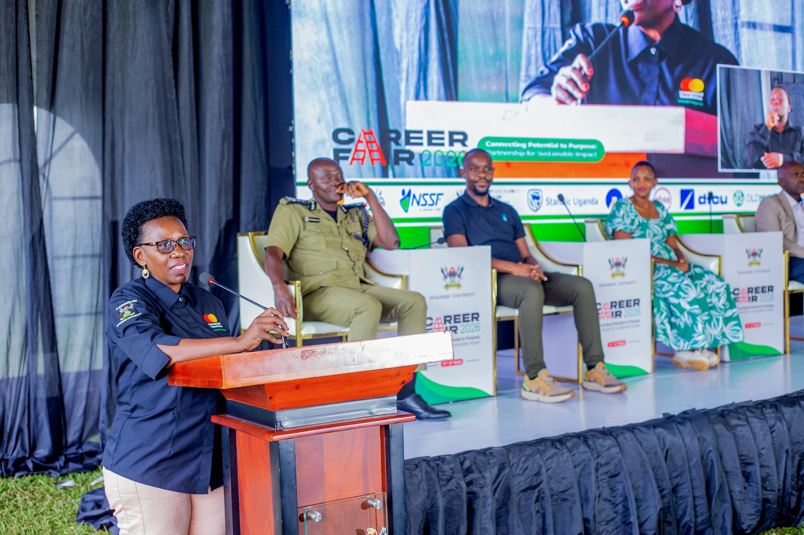 Director of the Mastercard Foundation Scholars Program at Makerere University Prof. Justine Namaalwa contributes to the discussion. Three-day Careers Fair 2026, bringing together students, industry leaders, and policymakers to discuss the future of work in the era of Artificial Intelligence (AI), Day 3, Grand Finale, held under the theme “Connecting Potential to Purpose: Partnerships for Sustainable Impact”, 13th March 2026, Freedom Square, Makerere University, Kampala Uganda, East Africa.