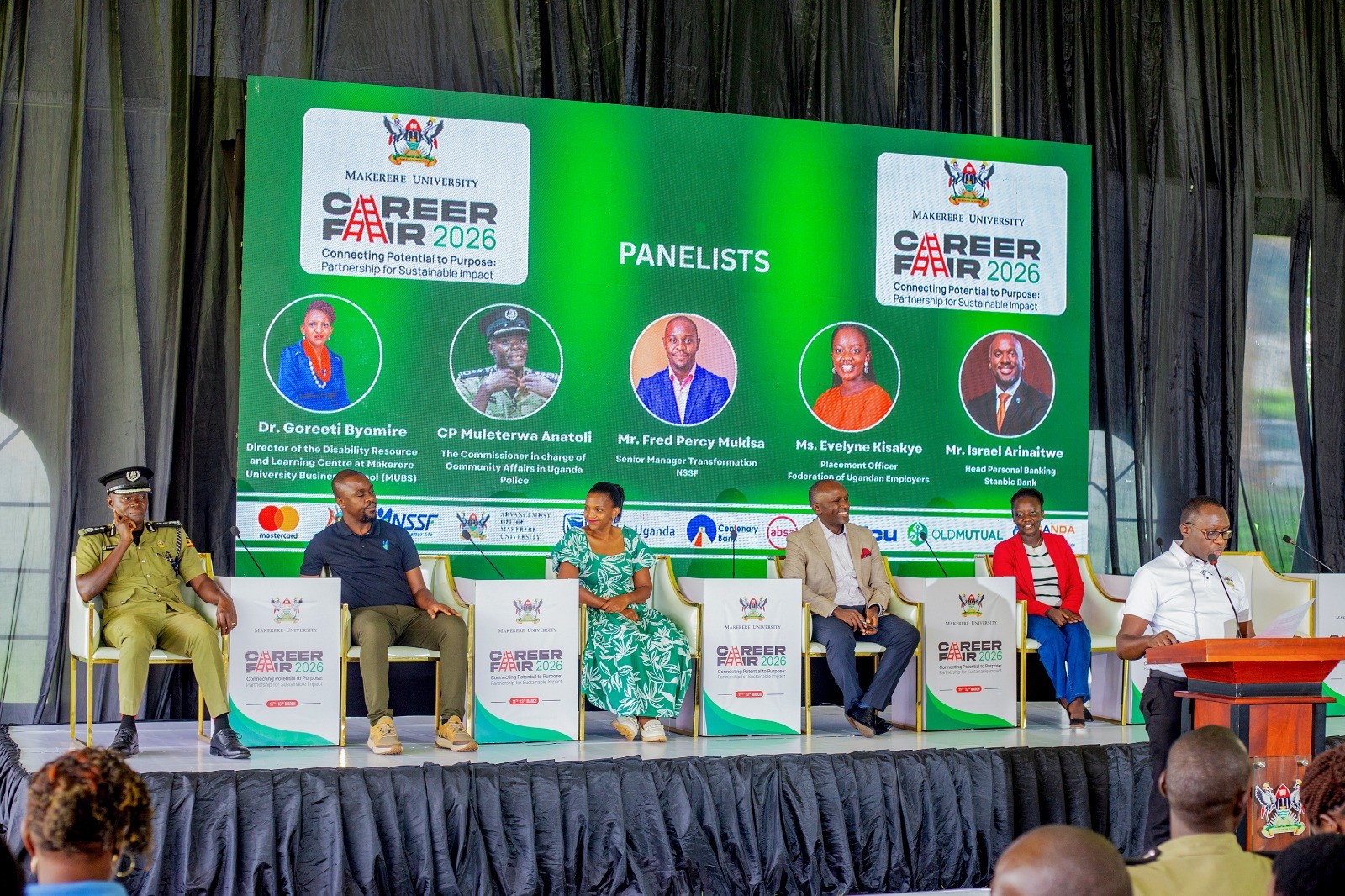 Left to Right: CP Muleterwa Anatoli, Mr Fred Percy Kisa, Dr. Gorretti Byomire, Mr Israel Arinatwe and Ms Evelyn Kisakye at a panel discussion on day three. Three-day Careers Fair 2026, bringing together students, industry leaders, and policymakers to discuss the future of work in the era of Artificial Intelligence (AI), Day 3, Grand Finale, held under the theme “Connecting Potential to Purpose: Partnerships for Sustainable Impact”, 13th March 2026, Freedom Square, Makerere University, Kampala Uganda, East Africa.