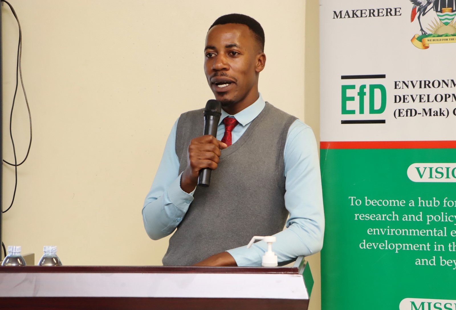 Centre Manager Gyaviira Ssewankambo moderating the seminar. Environment for Development (EfD) Centre research seminar by UK-based Duke University Postdoctoral Scholar Dr. Danny Tobin's study titled, “Guiding Private Afforestation to raise public-Goods Provision : Exploring Farmers preferences for trees within an NGO Tree planting program in Southern India” 9th March 2026, Yusuf Lule Central Teaching Facility, Makerere University, Kampala Uganda, East Africa.