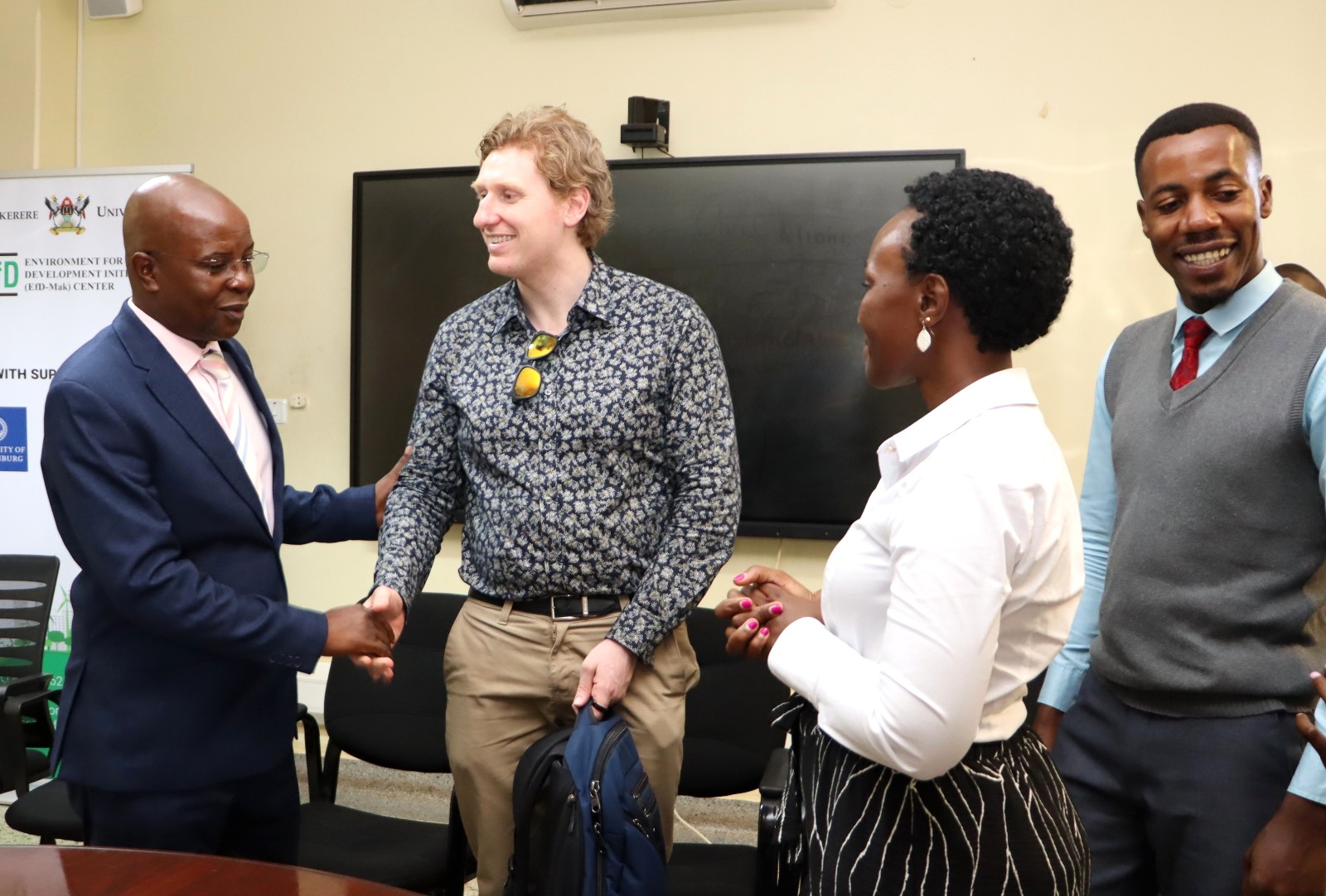 Prof. Edward Bbaale , Dr. Danny Tobin, Dr Alice Turinawe and Gyaviira Ssewankambo after the seminar. Environment for Development (EfD) Centre research seminar by UK-based Duke University Postdoctoral Scholar Dr. Danny Tobin's study titled, “Guiding Private Afforestation to raise public-Goods Provision : Exploring Farmers preferences for trees within an NGO Tree planting program in Southern India” 9th March 2026, Yusuf Lule Central Teaching Facility, Makerere University, Kampala Uganda, East Africa.
