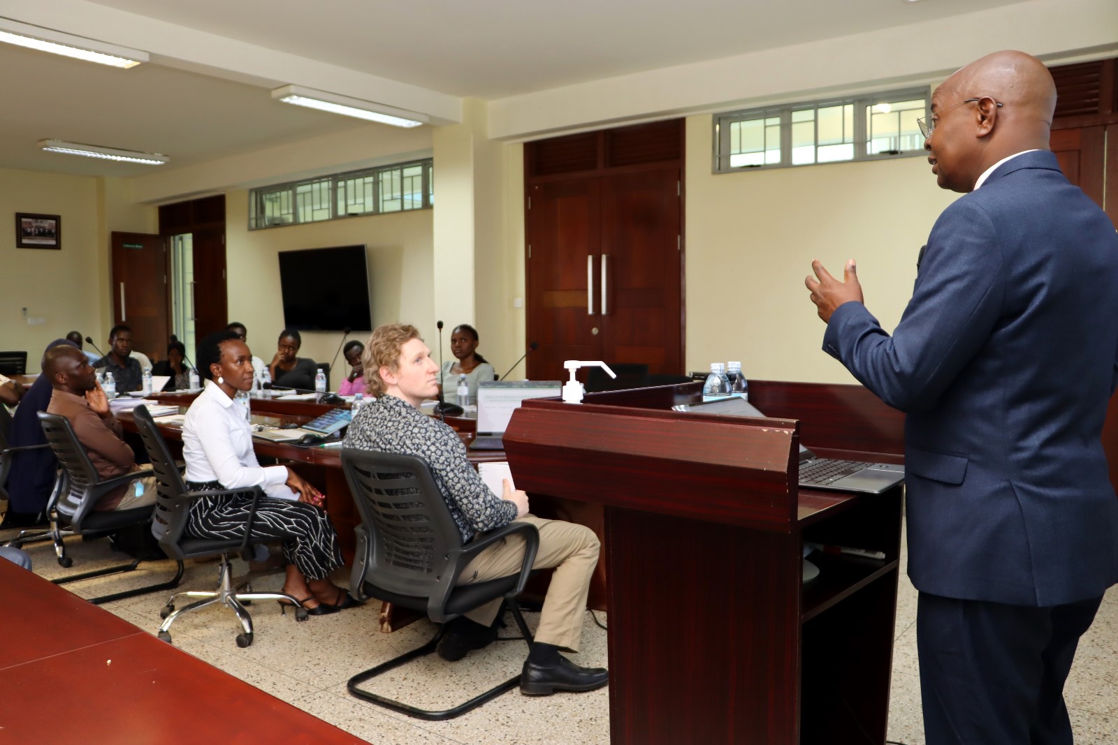 Prof. Edward Bbaale speaking during the seminar. Environment for Development (EfD) Centre research seminar by UK-based Duke University Postdoctoral Scholar Dr. Danny Tobin's study titled, “Guiding Private Afforestation to raise public-Goods Provision : Exploring Farmers preferences for trees within an NGO Tree planting program in Southern India” 9th March 2026, Yusuf Lule Central Teaching Facility, Makerere University, Kampala Uganda, East Africa.