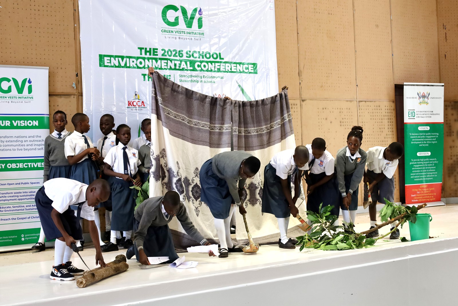 Pupils in a role play on importance of trees. Inaugural Schools Environmental Conference organised by the Environment for Development (EfD) Uganda in partnership with the Green Vests Initiative, the National Environment Management Authority (NEMA), and the Kampala Capital City Authority (KCCA), theme “Strengthening Environmental Stewardship in Schools”, 20th March 2026, Yusuf Lule Central Teaching Facility Auditorium, Makerere University, Kampala Uganda, East Africa.